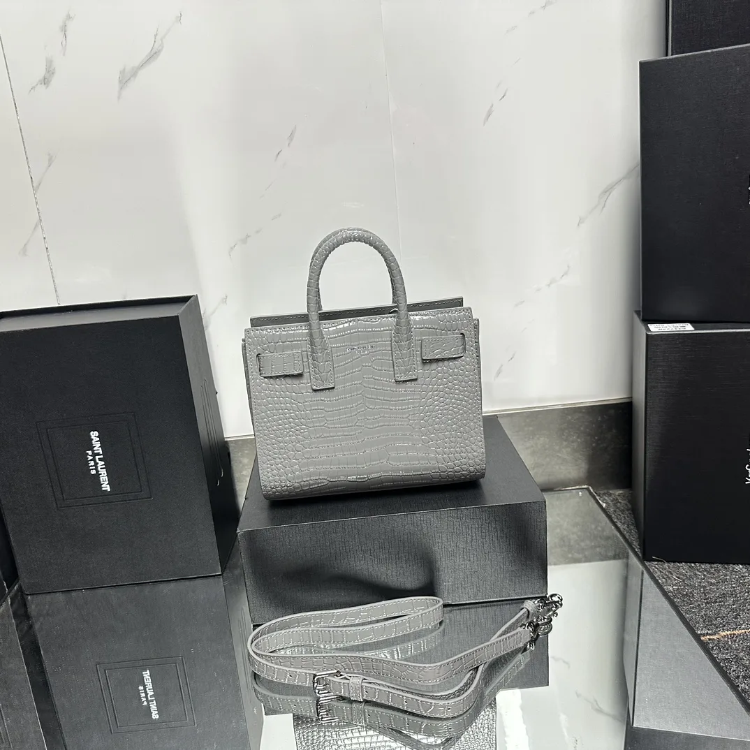 Saint Laurent Grey Croc Embossed Leather Nano Classic Sac De Jour Tote - Bag