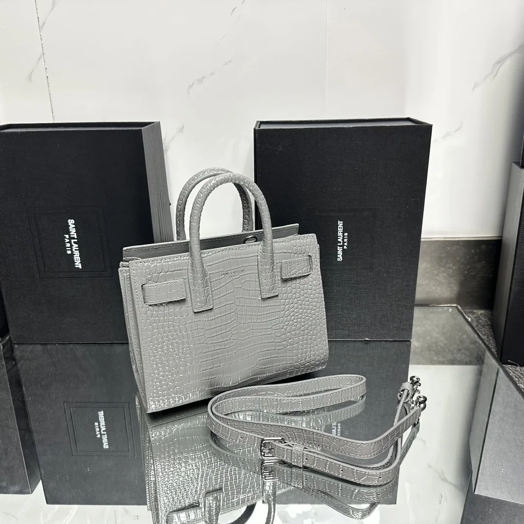 Saint Laurent Grey Croc Embossed Leather Nano Classic Sac De Jour Tote - Bag