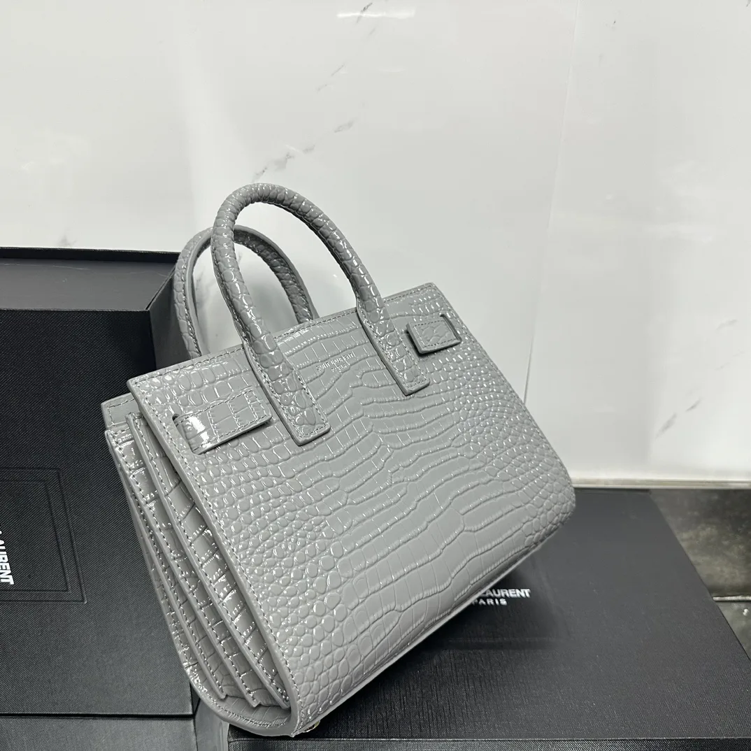 Saint Laurent Grey Croc Embossed Leather Nano Classic Sac De Jour Tote - Bag