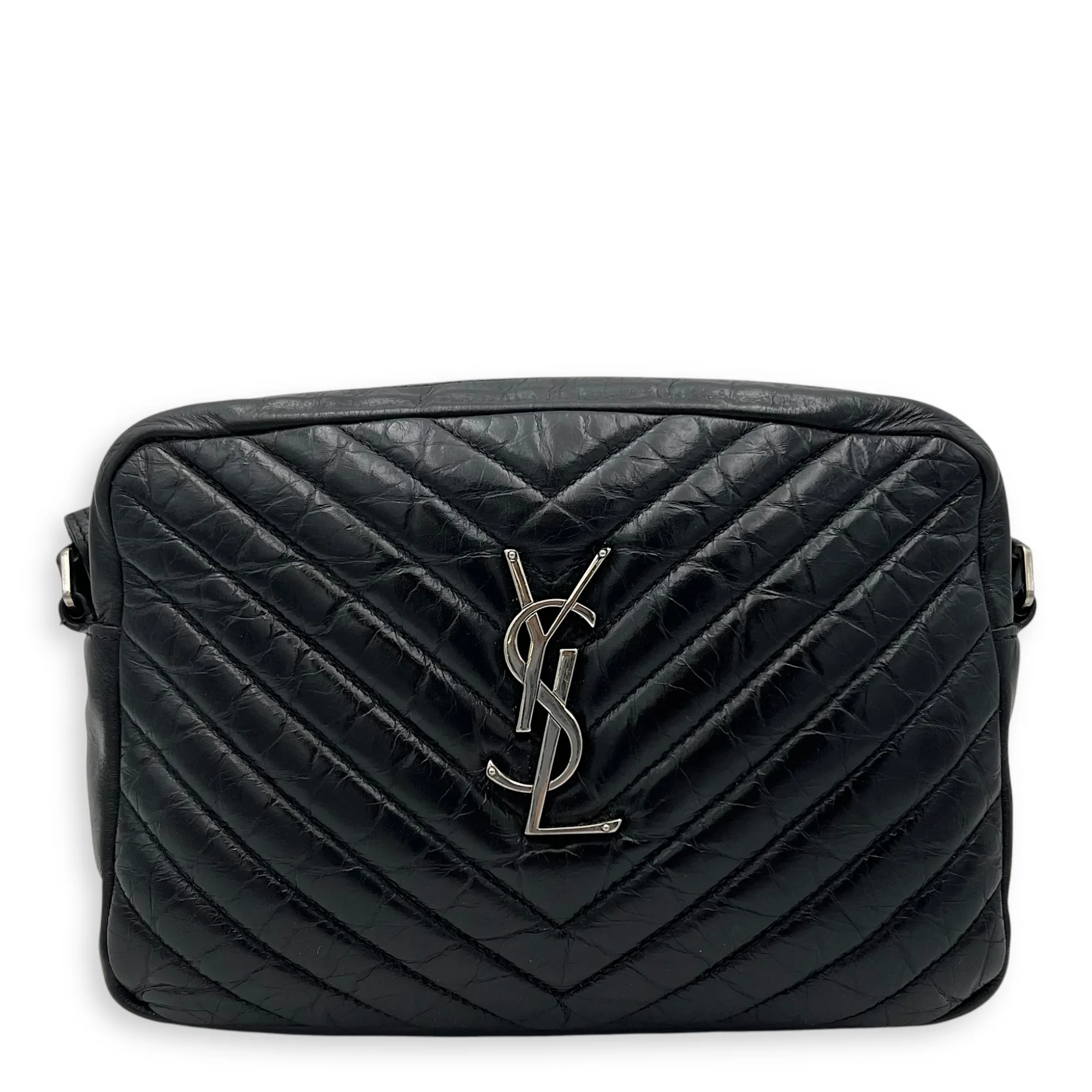 Lou Camera Shoulder Bag Black in Crinkled calfskin, Silver hardware
