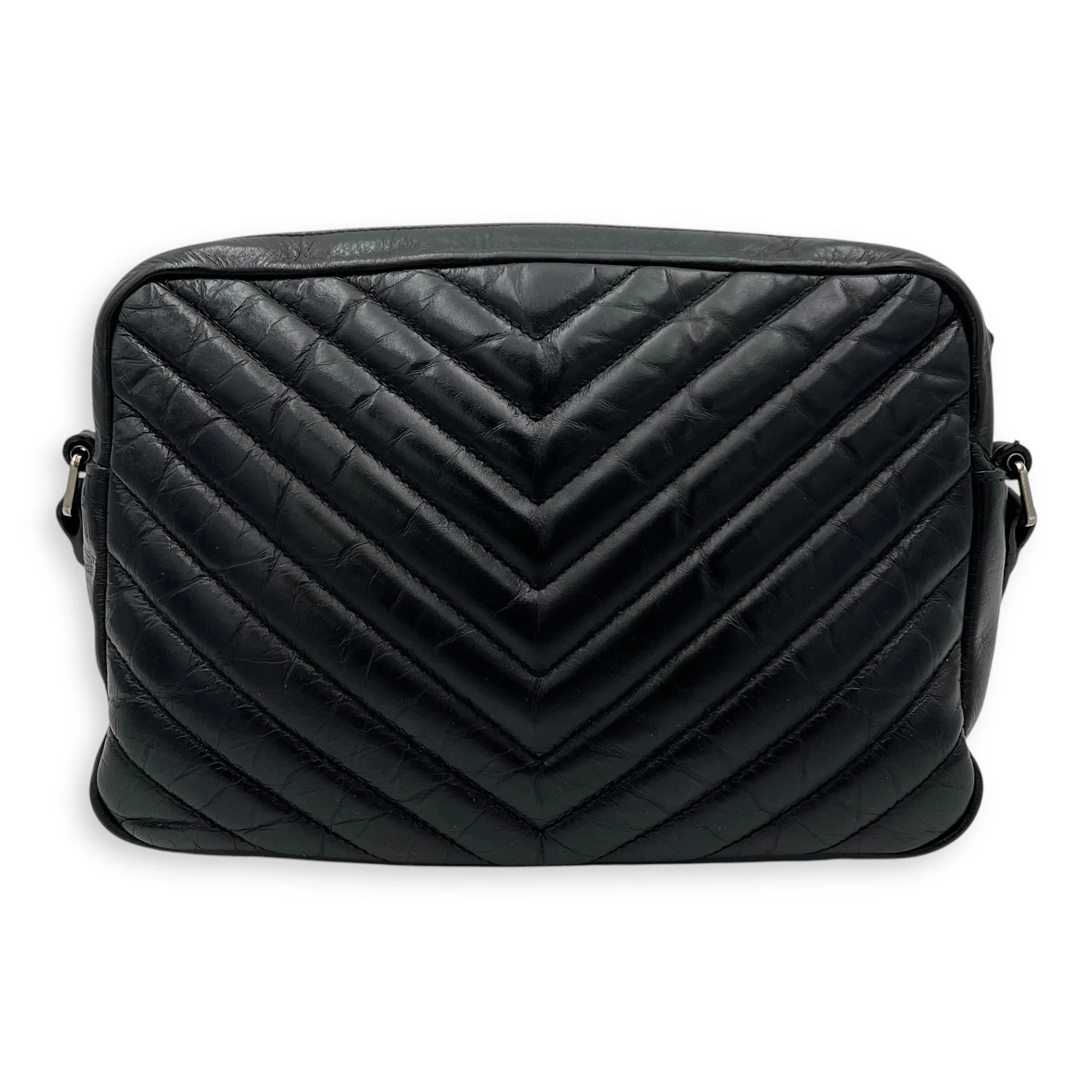 Lou Camera Shoulder Bag Black in Crinkled calfskin, Silver hardware