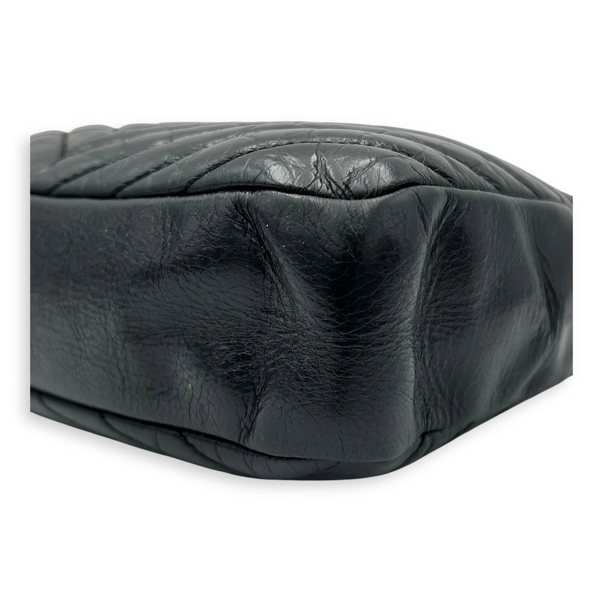 Lou Camera Shoulder Bag Black in Crinkled calfskin, Silver hardware