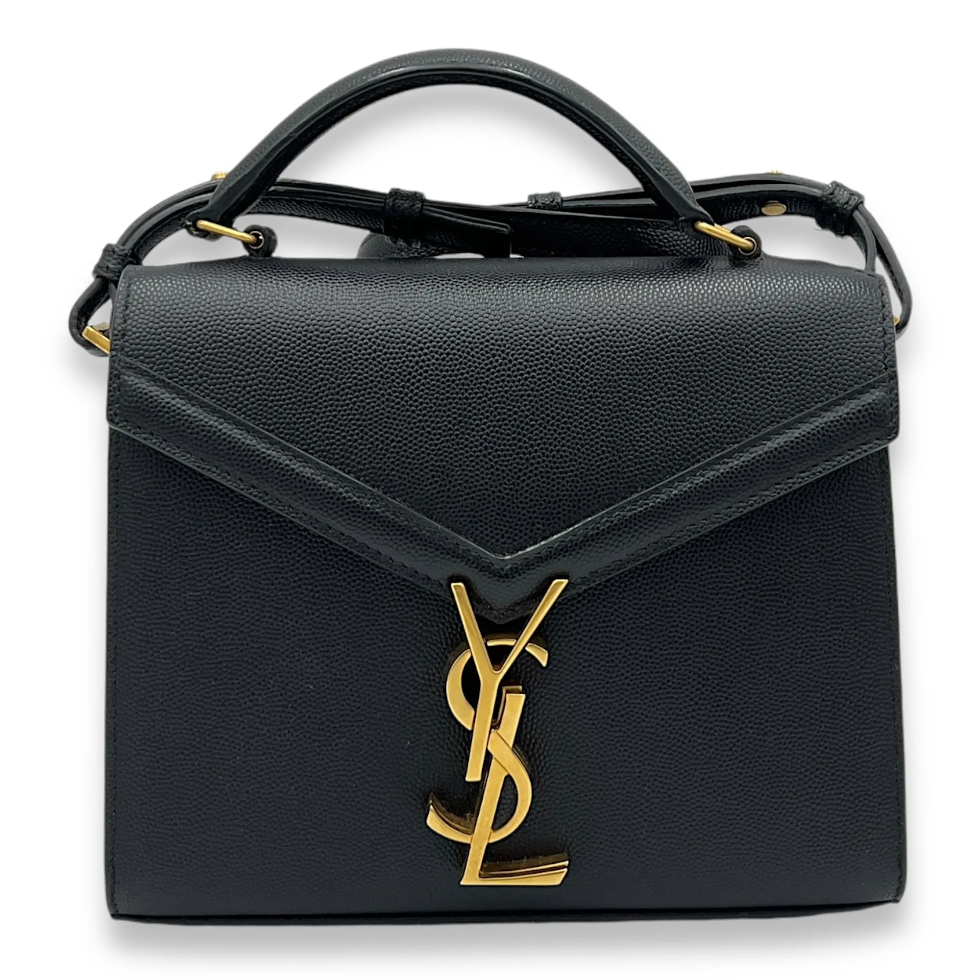 Cassandra Mini Black Top Handle Bag in Caviar Leather, Gold hardware