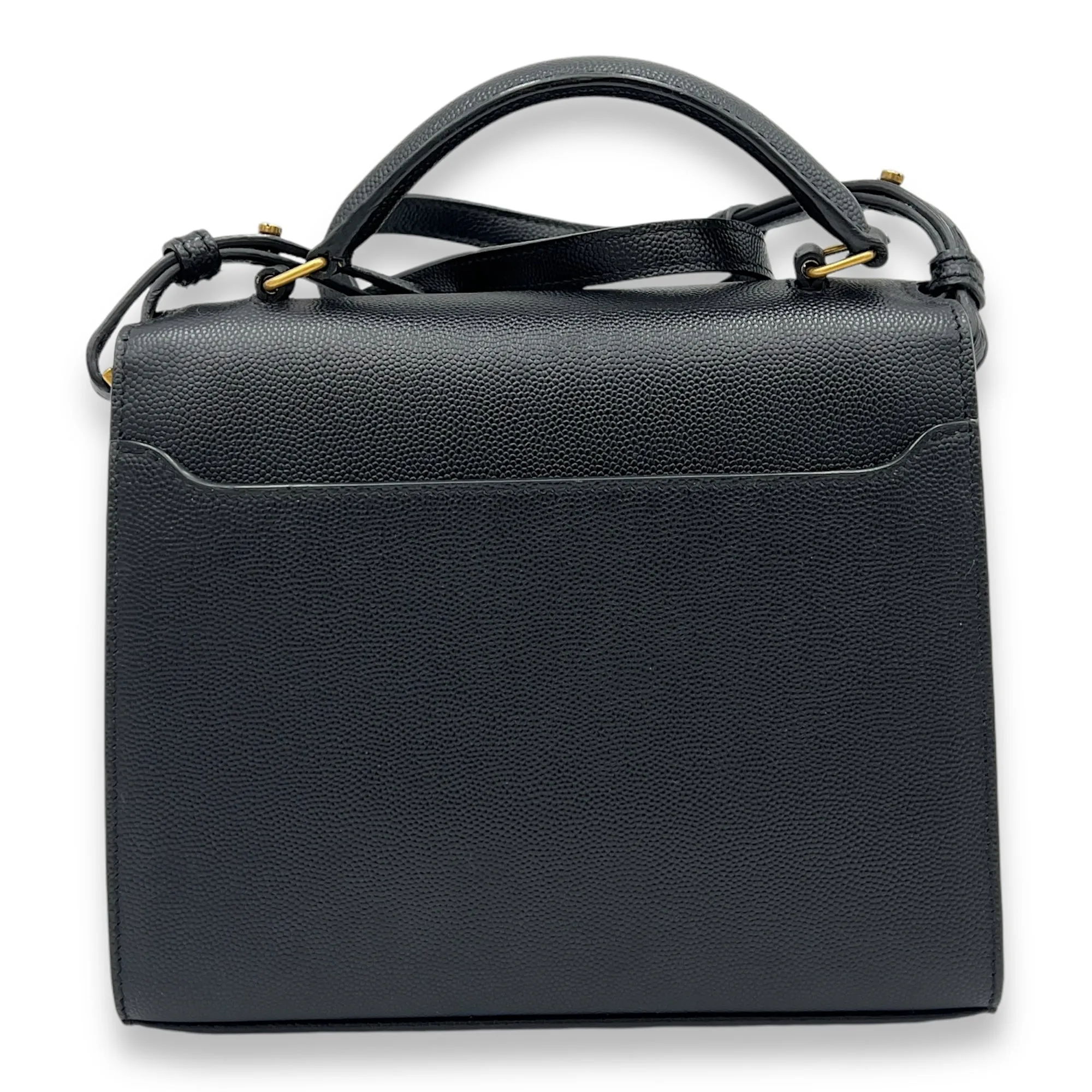 Cassandra Mini Black Top Handle Bag in Caviar Leather, Gold hardware