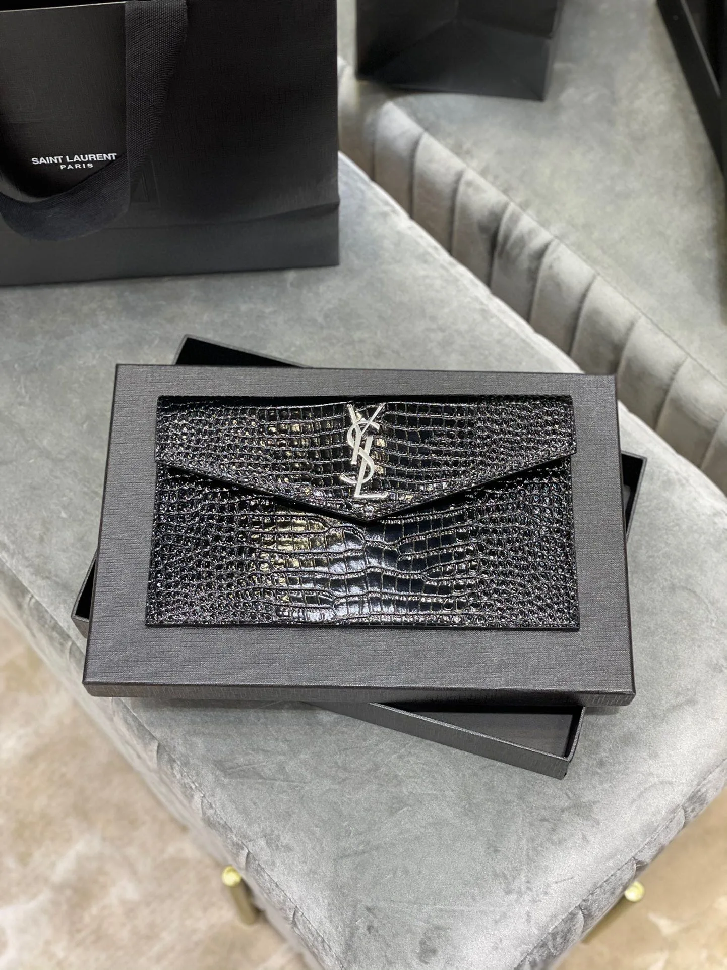 SAINT LAURENT Uptown POUCH IN CROCODILE-EMBOSSED SHINY LEATHER BLACK-Silver hardware - Bag