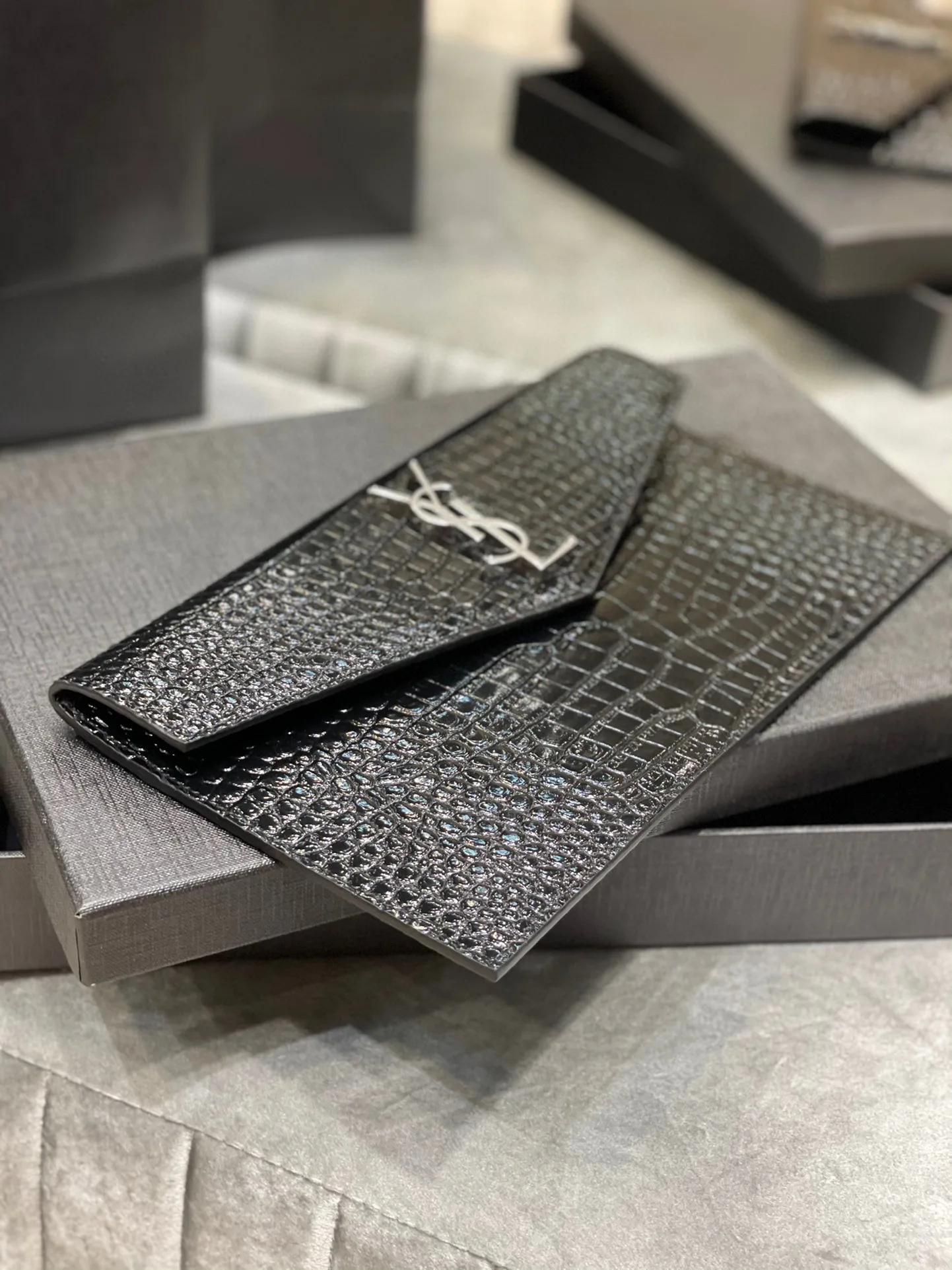 SAINT LAURENT Uptown POUCH IN CROCODILE-EMBOSSED SHINY LEATHER BLACK-Silver hardware - Bag
