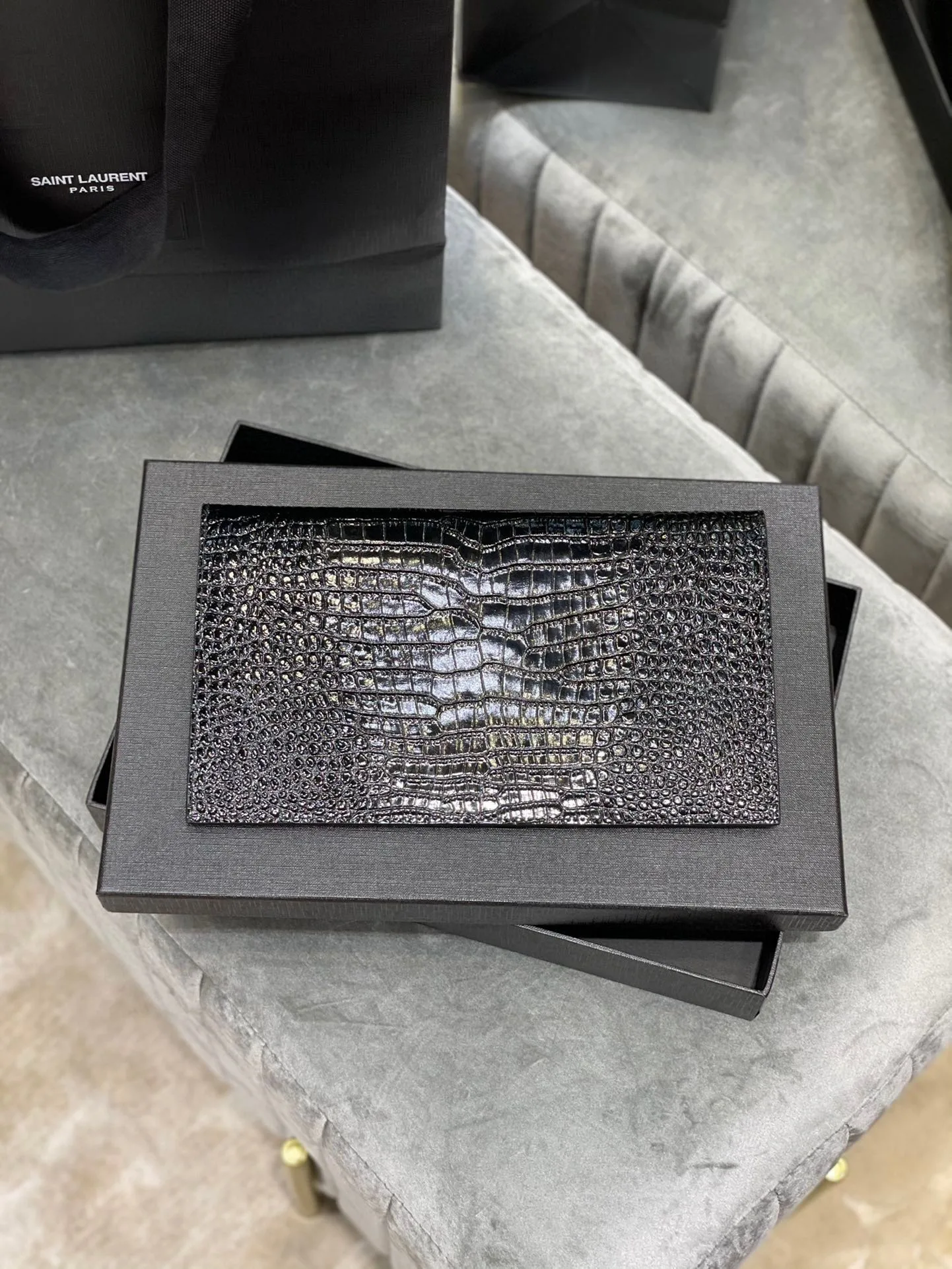 SAINT LAURENT Uptown POUCH IN CROCODILE-EMBOSSED SHINY LEATHER BLACK-Silver hardware - Bag