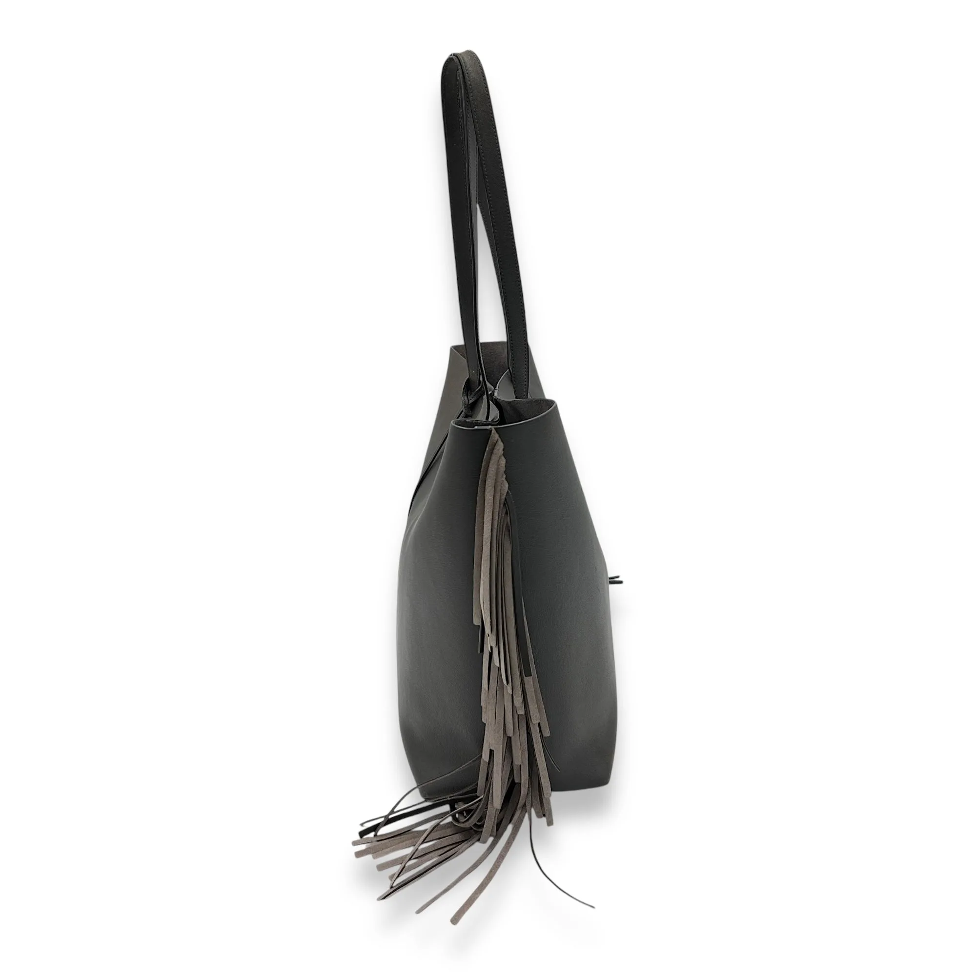 East West Shopping Fringe Tote Bag Grey in Calfskin, Silver hardware