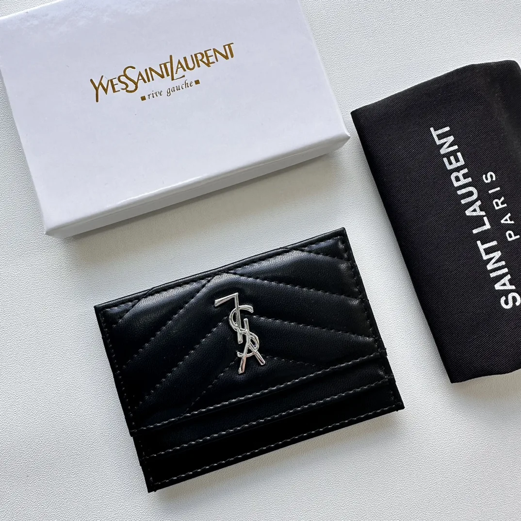 Saint Laurent CASSANDRE MATELASSÉ card case in lambskin -Black and Silver Wallet