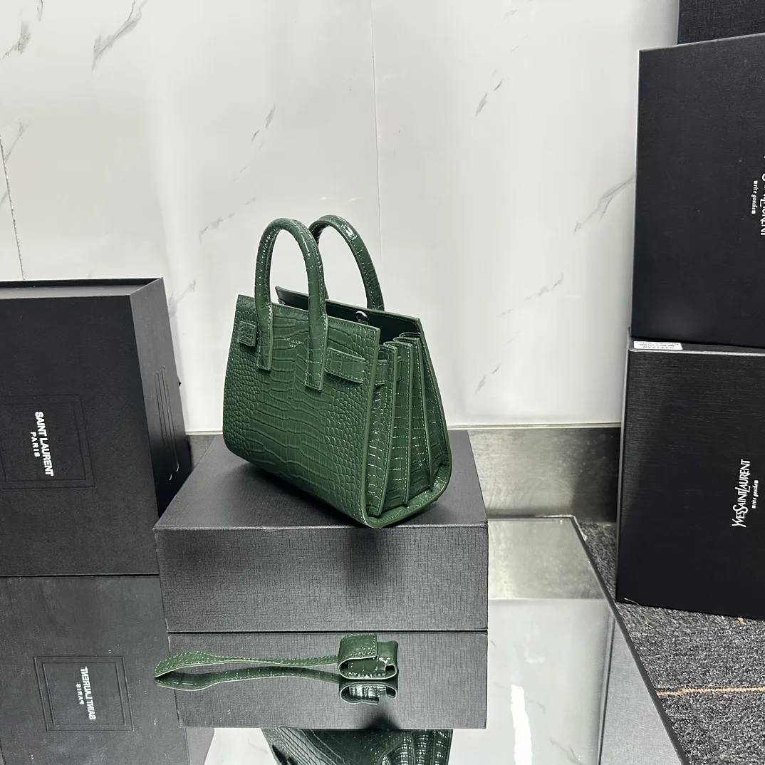 Saint Laurent Green Croc Embossed Leather Nano Classic Sac De Jour Tote - Bag