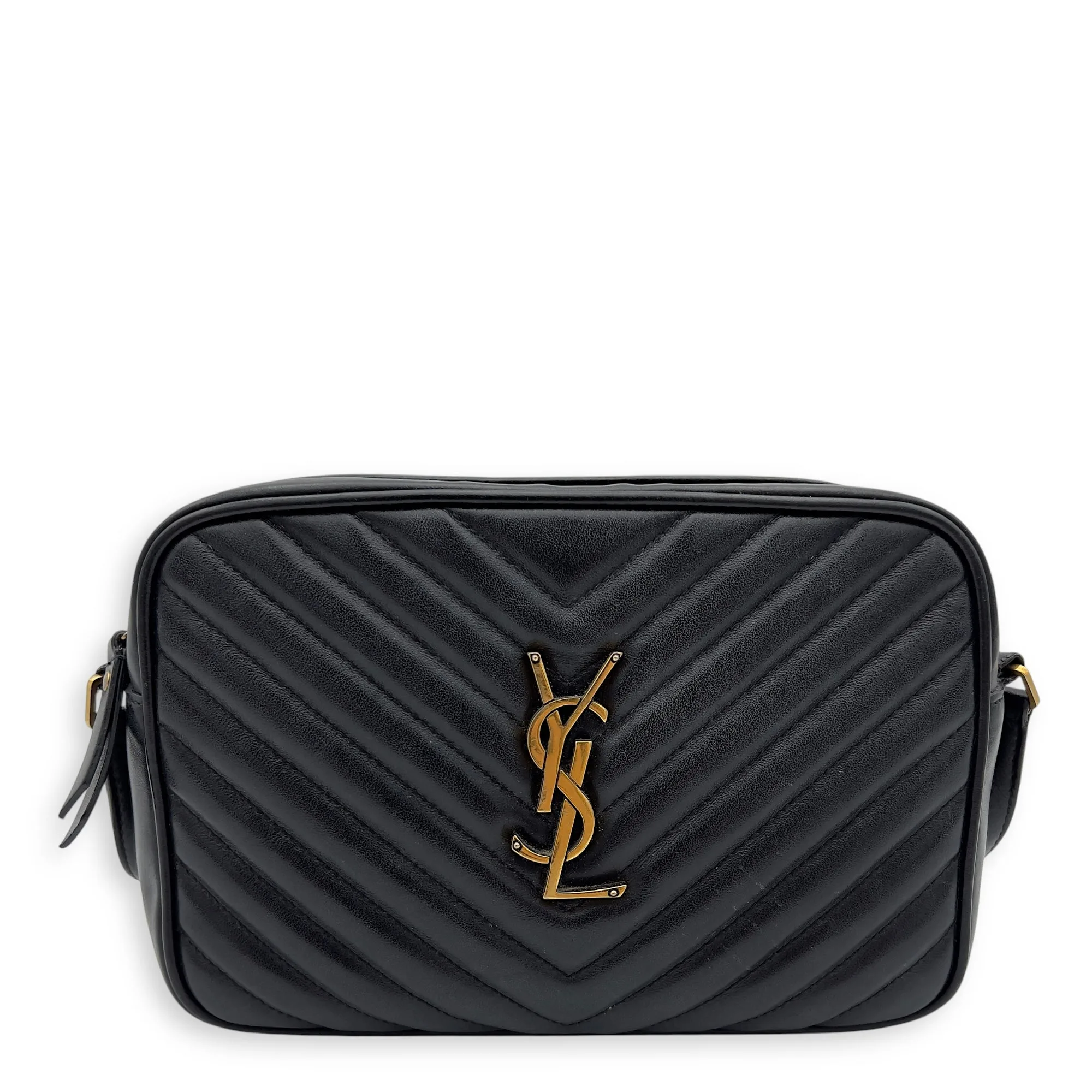 Camera Crossbody Bag Medium Black in Calfskin, Gold hardware