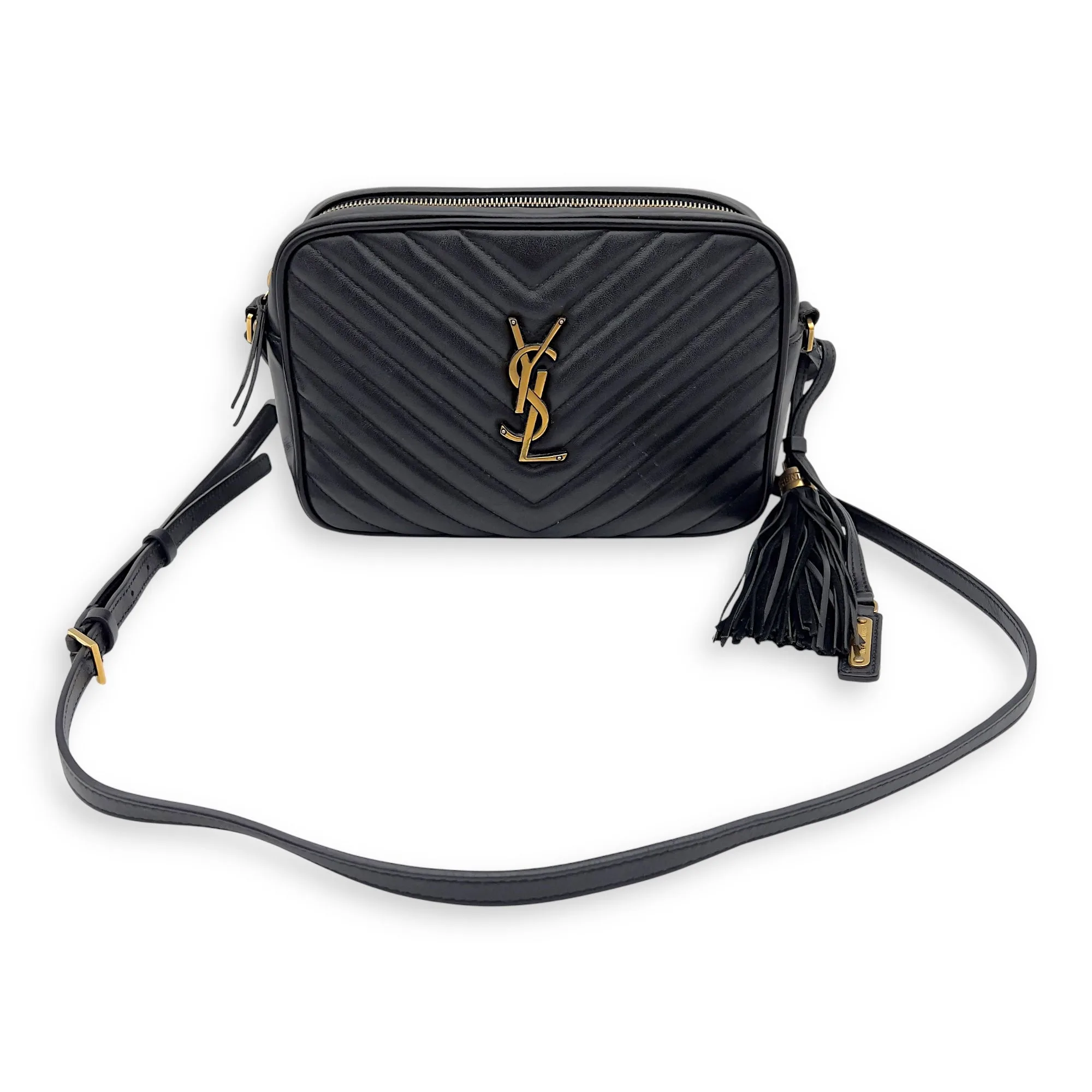 Camera Crossbody Bag Medium Black in Calfskin, Gold hardware
