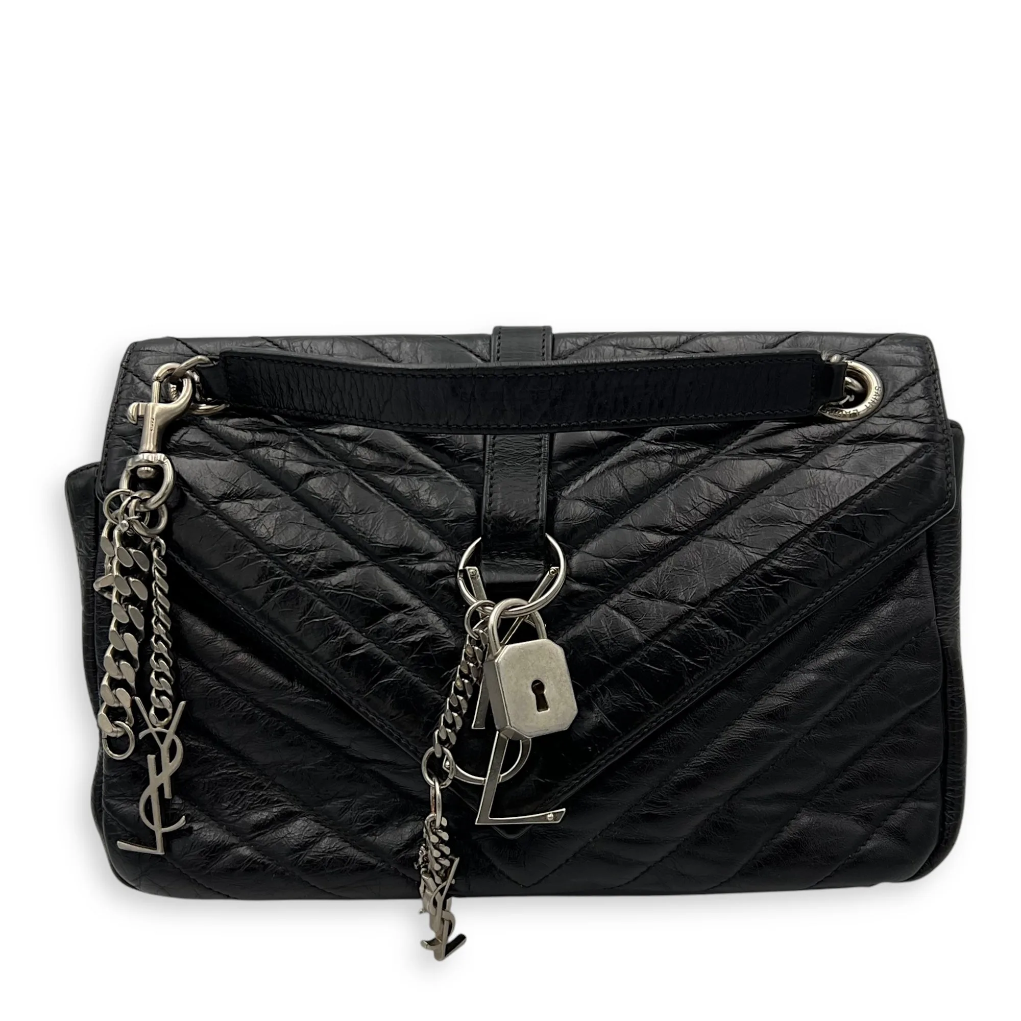 Classic Monogramme College Black Shoulder Bag in Calfskin, Silver hardware