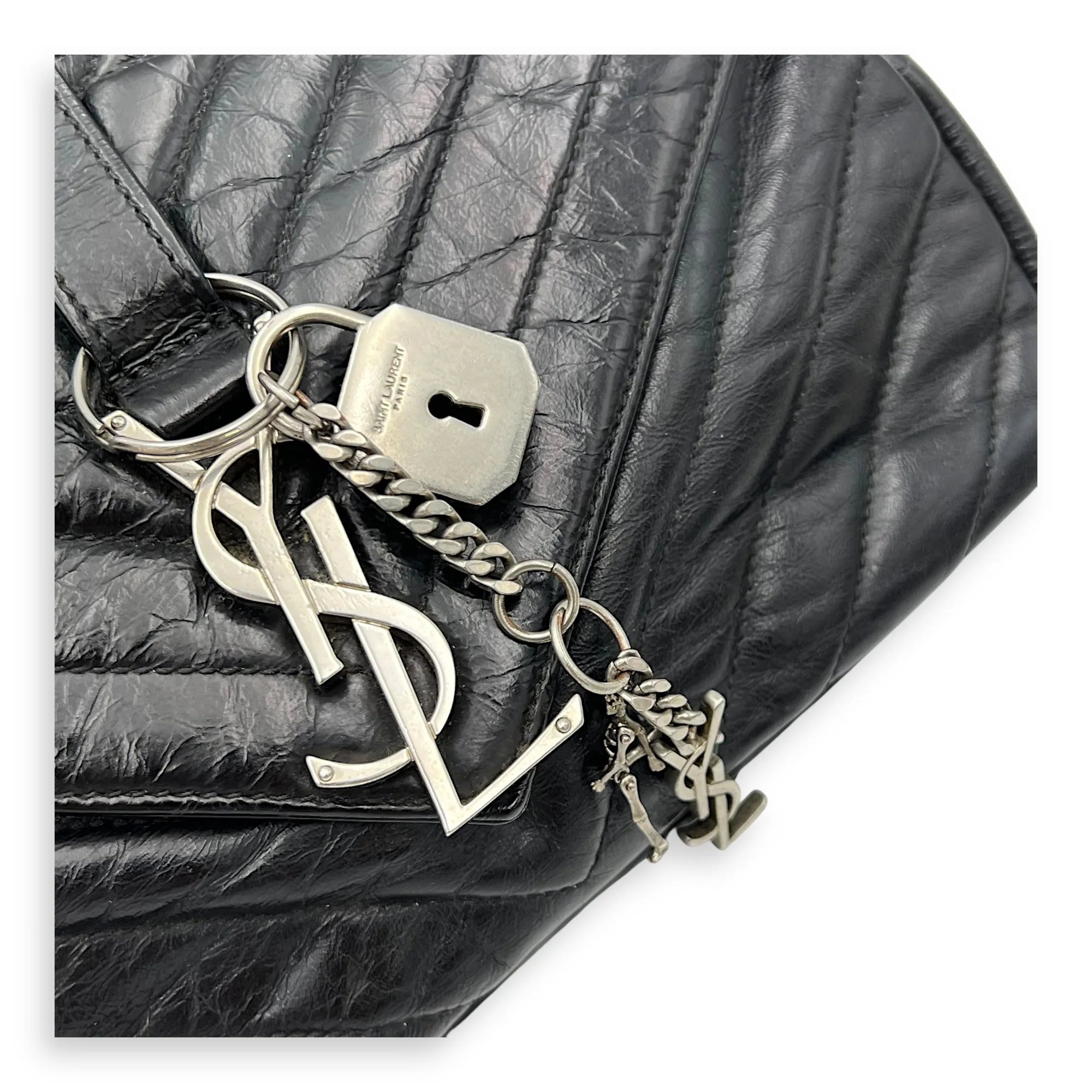 Classic Monogramme College Black Shoulder Bag in Calfskin, Silver hardware