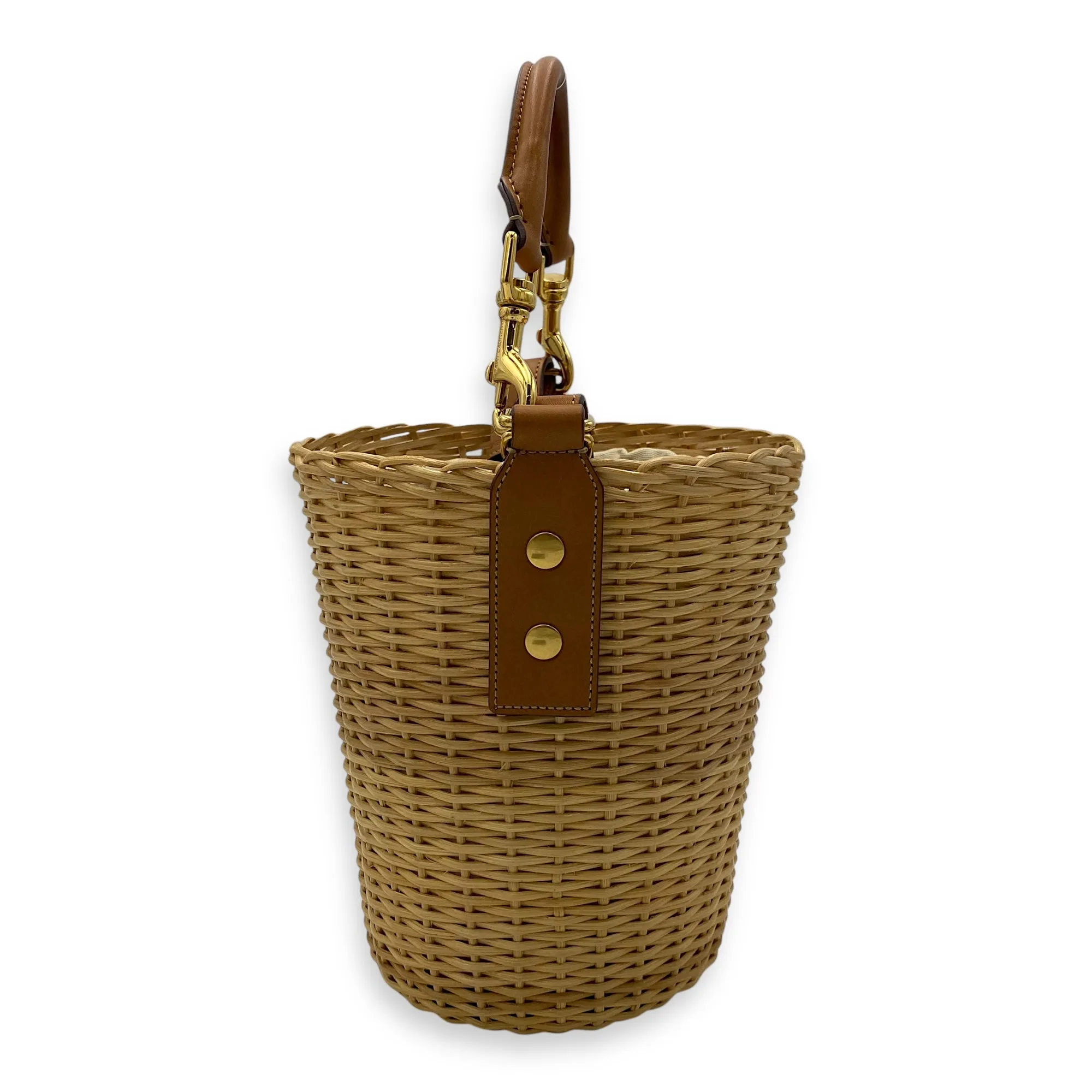 Wicker Bucket Brown Top Handle Bag in Rattan, Gold hardware