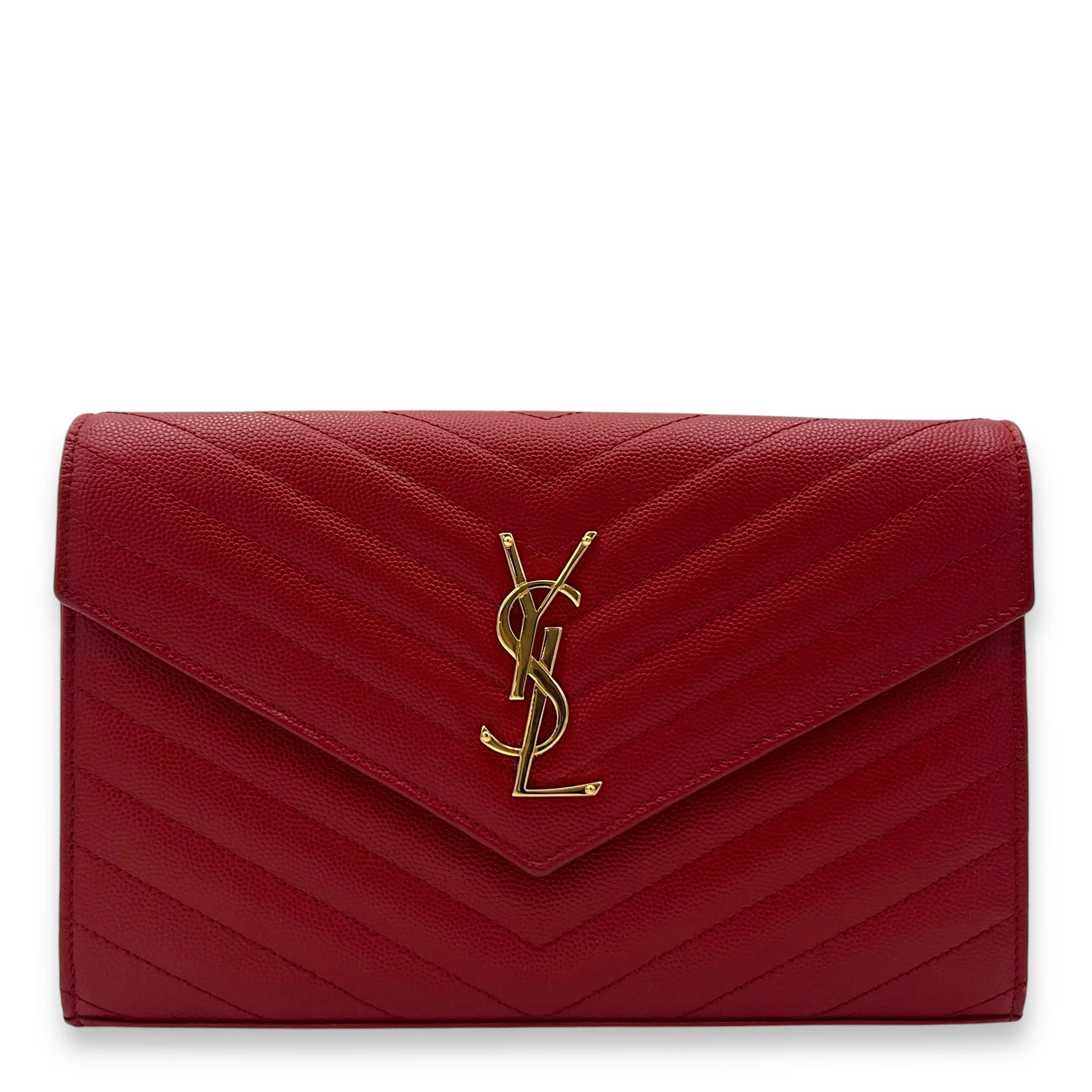 Envelope Wallet On Chain Red in Caviar Leather, Gold hardware