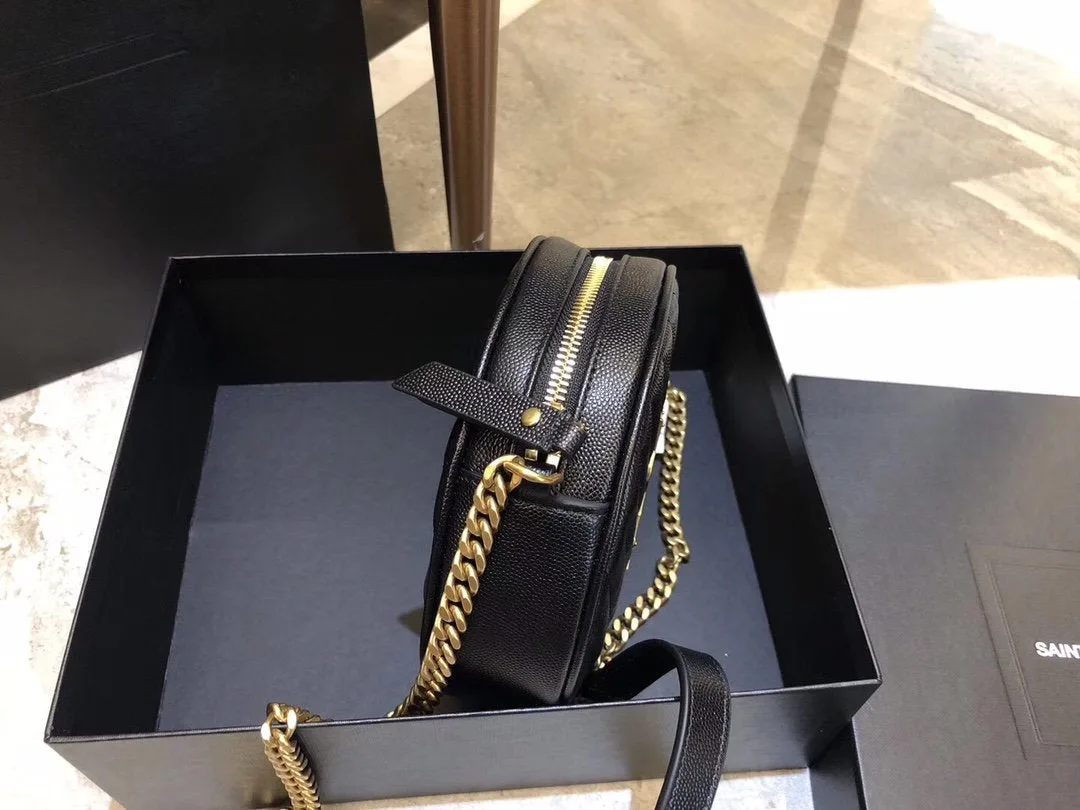 YSL Vinyle Round Camera BAG In Chevron Quilted Grain De Poudre Embossed Leather
