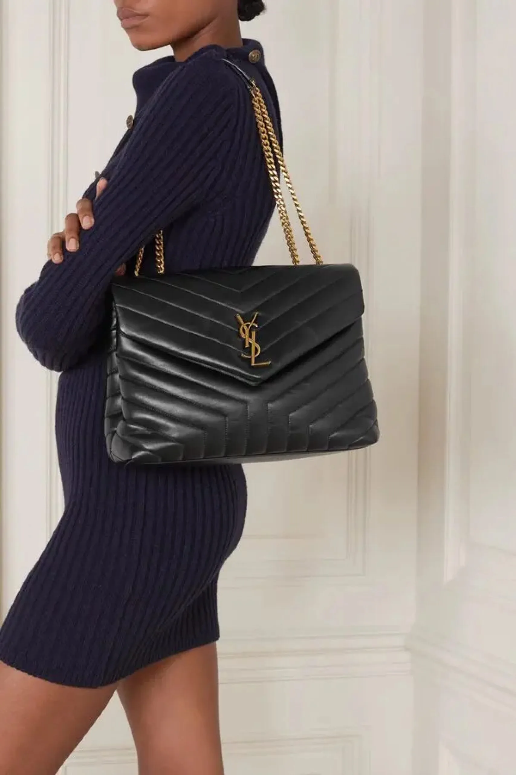 [TOP] SAINT LAURENT Loulou medium quilted leather shoulder bag black Bag-Black hardware