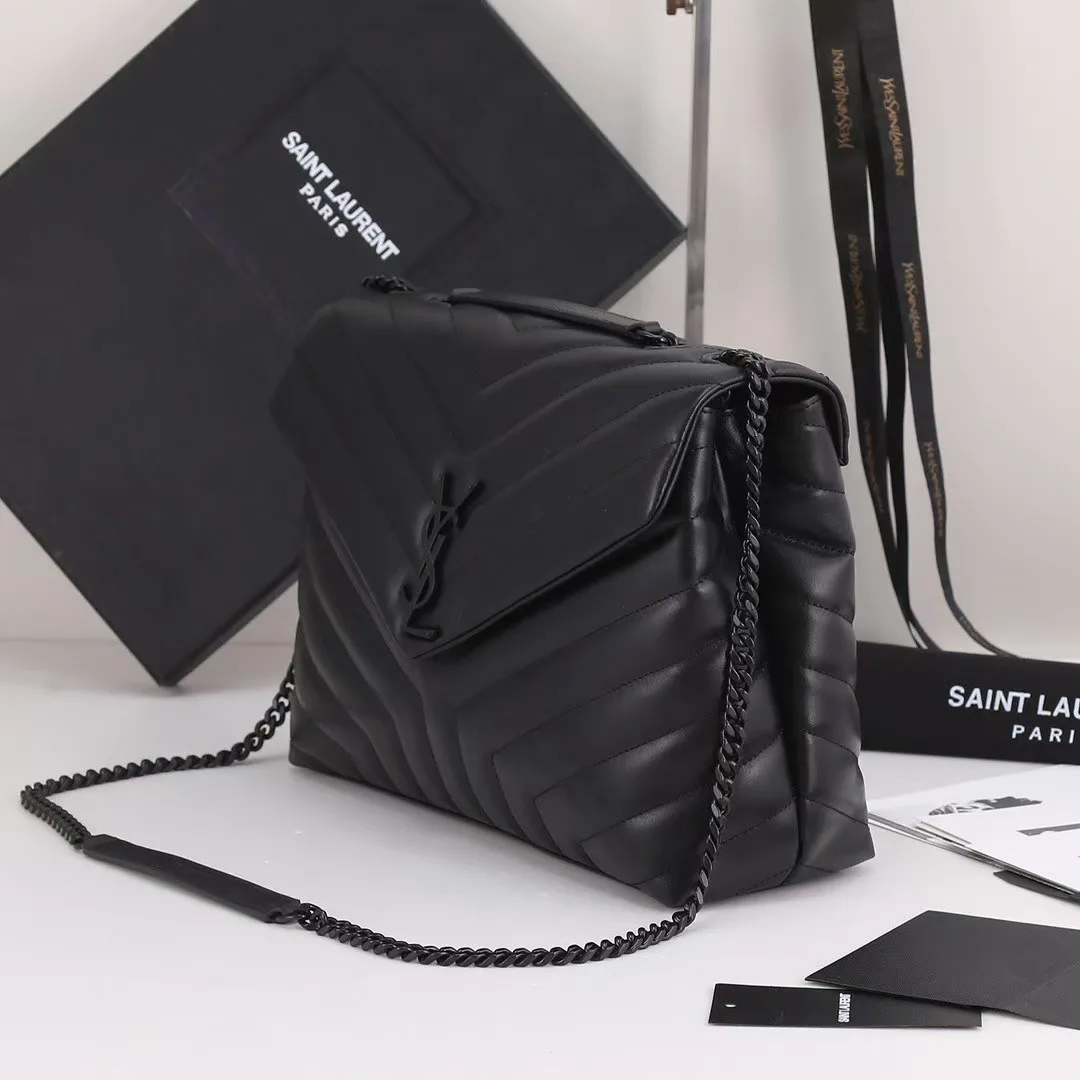 [TOP] SAINT LAURENT Loulou medium quilted leather shoulder bag black Bag-Black hardware