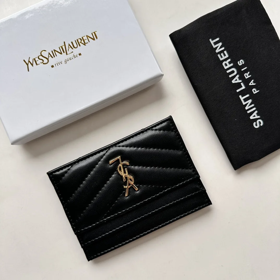 Saint Laurent CASSANDRE MATELASSÉ card case in lambskin -Black and Gold Wallet