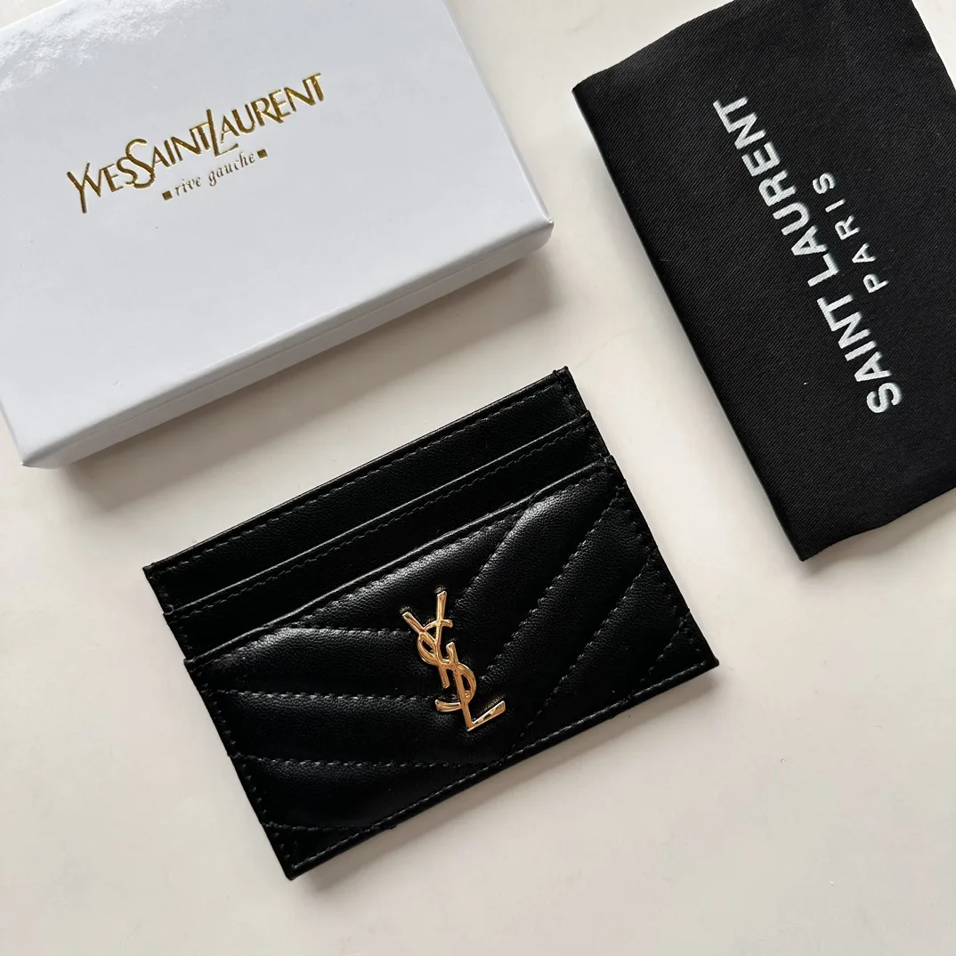 Saint Laurent CASSANDRE MATELASSÉ card case in lambskin -Black and Gold Wallet
