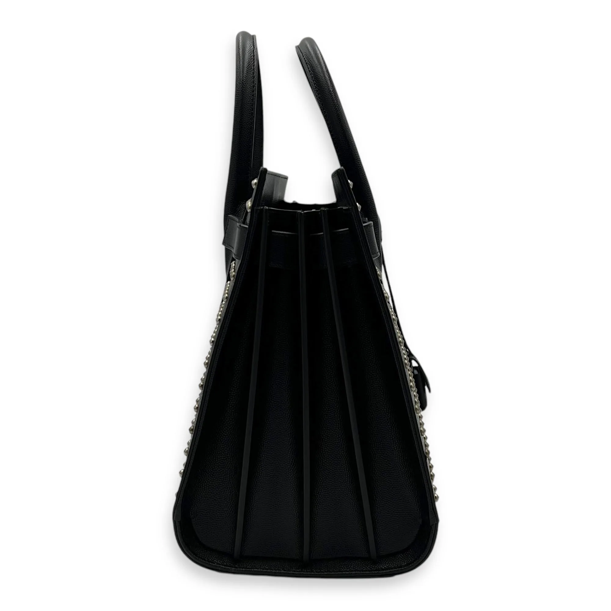 Sac de Jour Small Black Top Handle Bag in Calfskin, Silver hardware