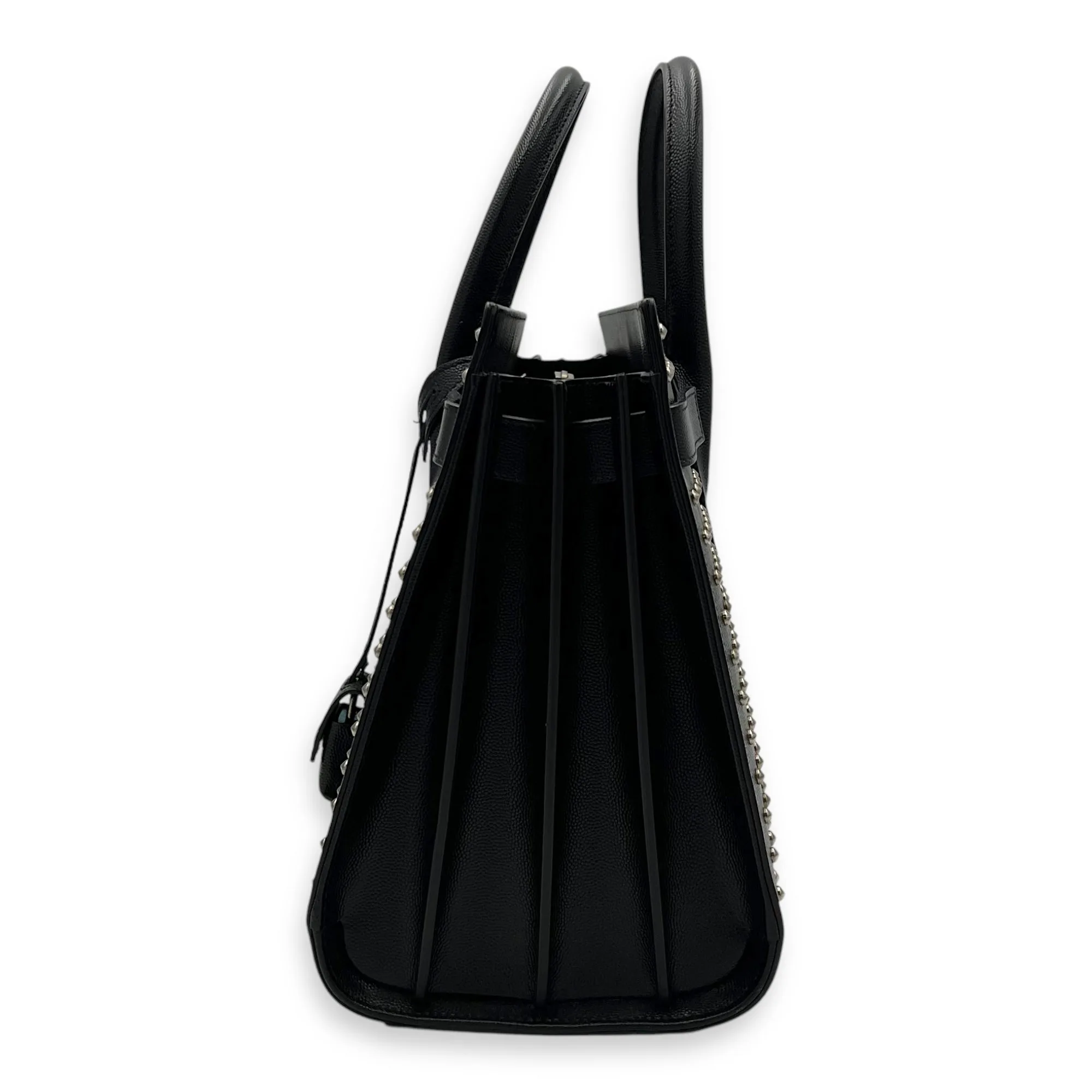 Sac de Jour Small Black Top Handle Bag in Calfskin, Silver hardware