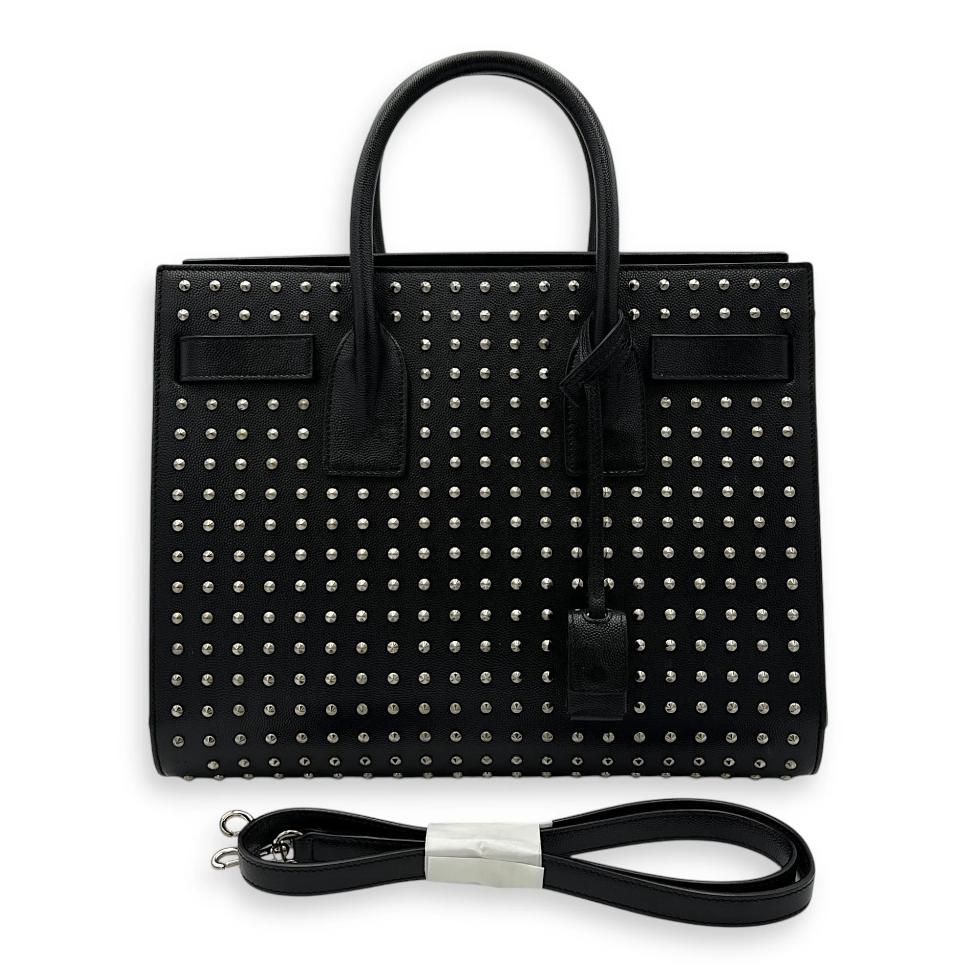 Sac de Jour Small Black Top Handle Bag in Calfskin, Silver hardware