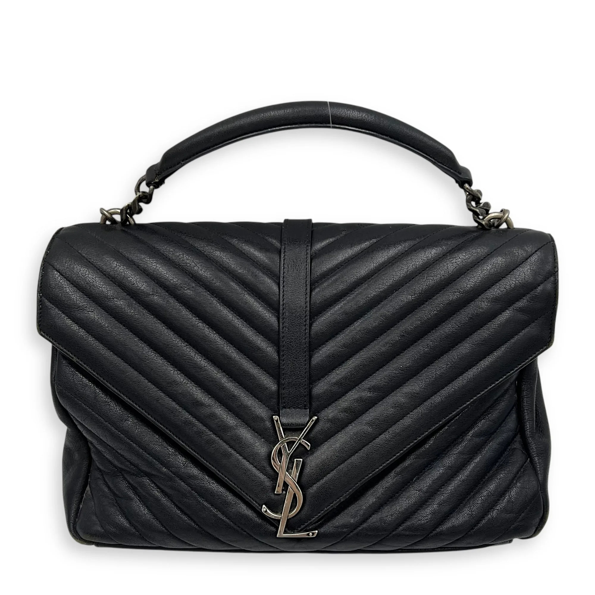 College Large Grey Shoulder Bag in Calfskin, Silver hardware
