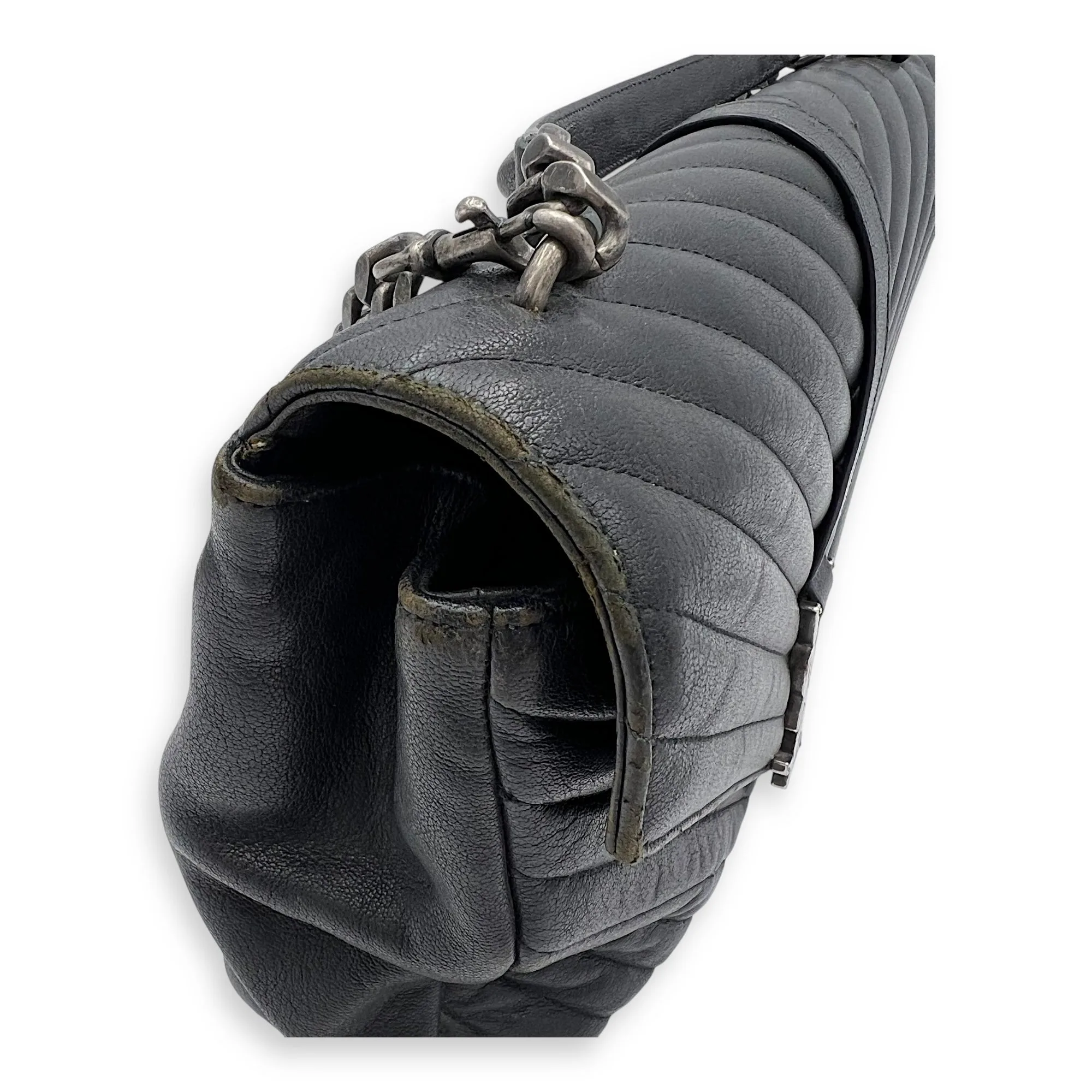 College Large Grey Shoulder Bag in Calfskin, Silver hardware
