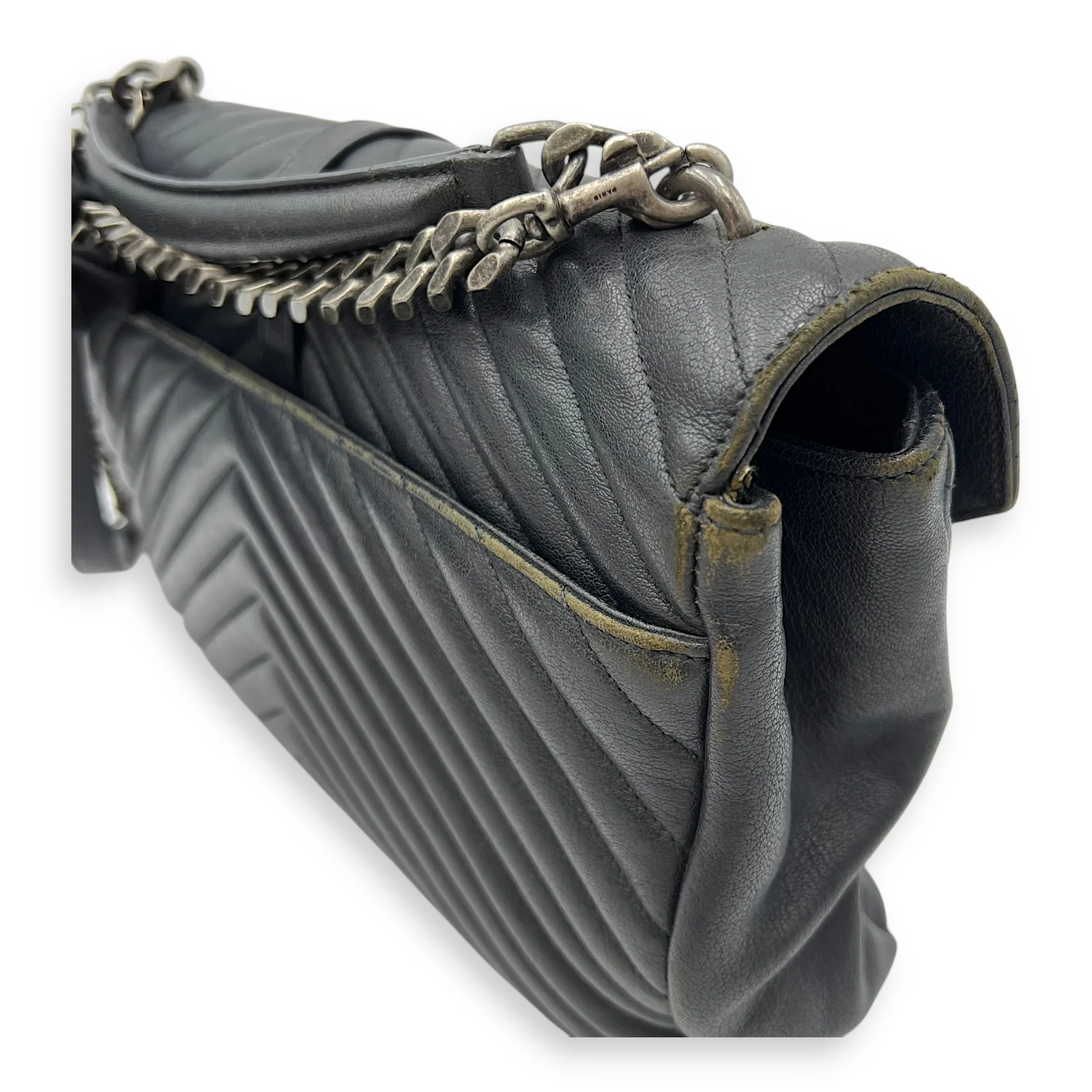 College Large Grey Shoulder Bag in Calfskin, Silver hardware