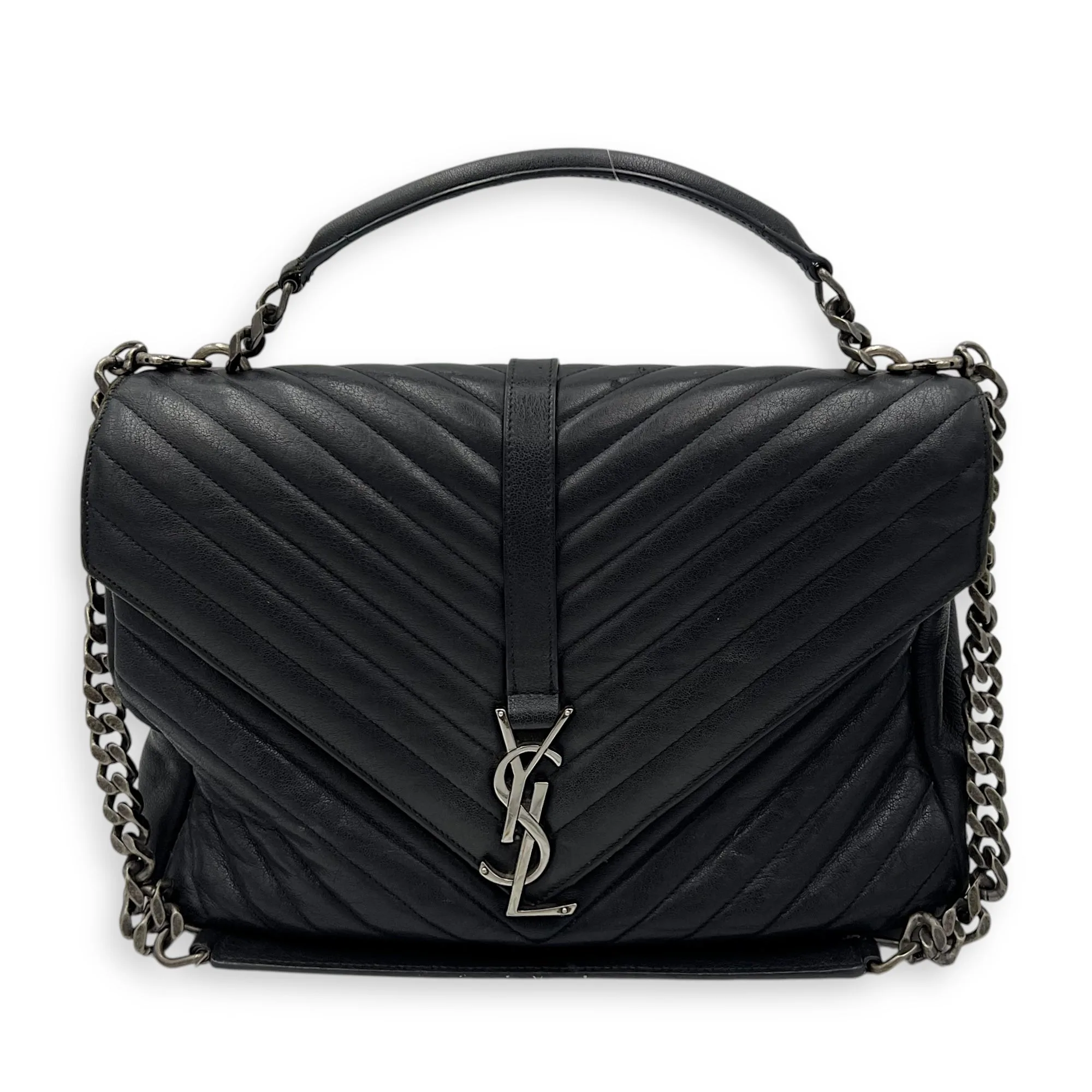 College Large Grey Shoulder Bag in Calfskin, Silver hardware