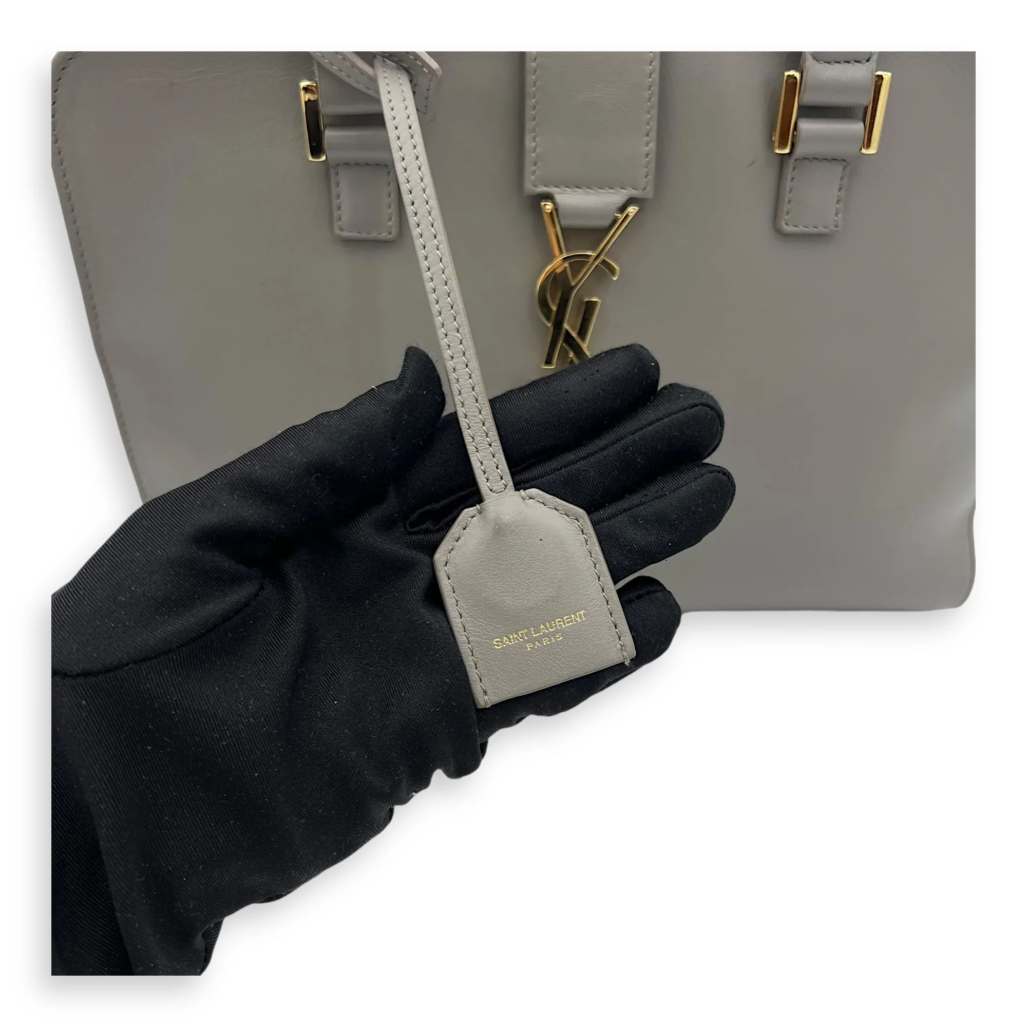 Cabas Small Grey Top Handle Bag in Calfskin, Gold hardware