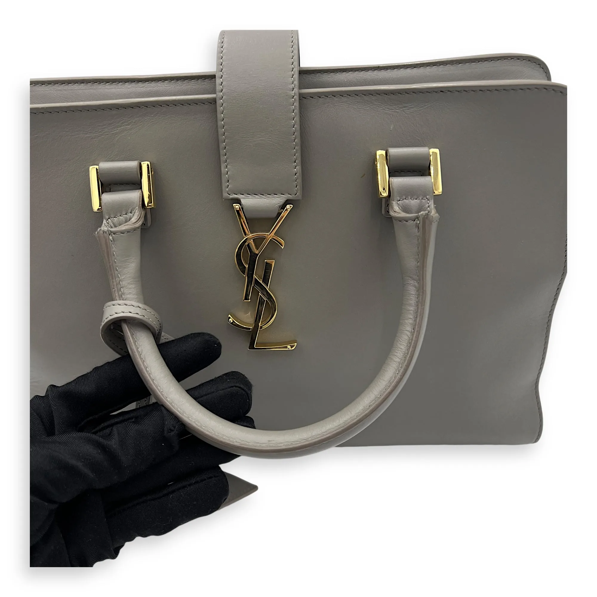Cabas Small Grey Top Handle Bag in Calfskin, Gold hardware