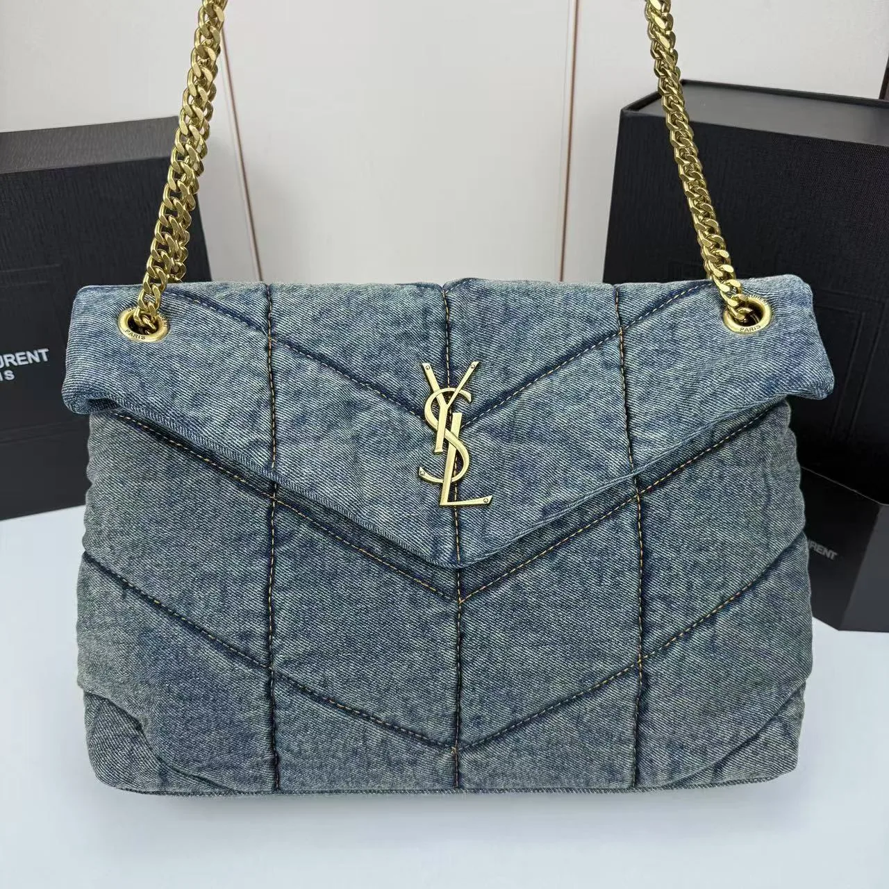 Saint Laurent LouLou Puffer Vintage Quilted Denim Crossbody Bag