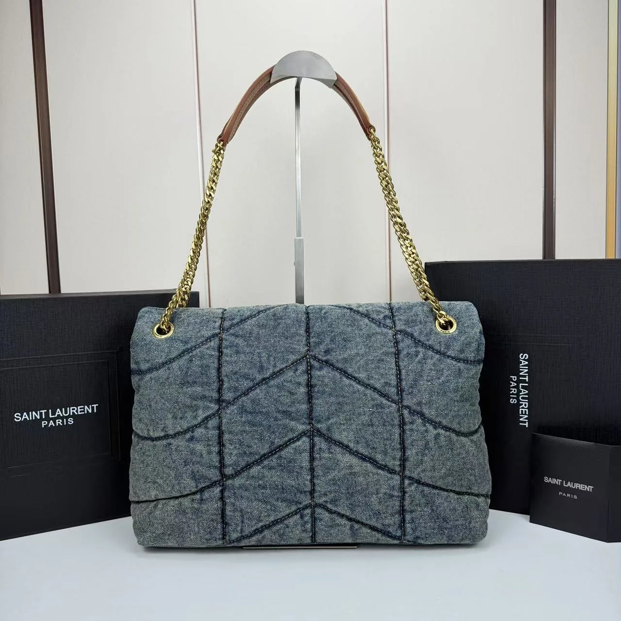 Saint Laurent LouLou Puffer Vintage Quilted Denim Crossbody Bag