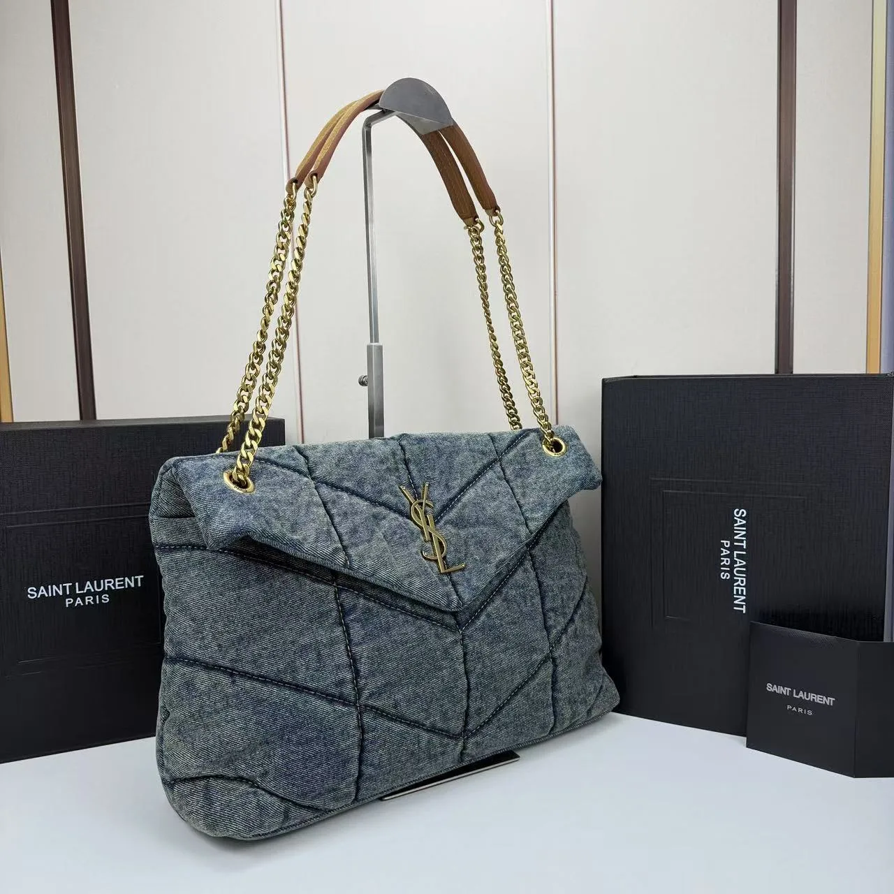 Saint Laurent LouLou Puffer Vintage Quilted Denim Crossbody Bag
