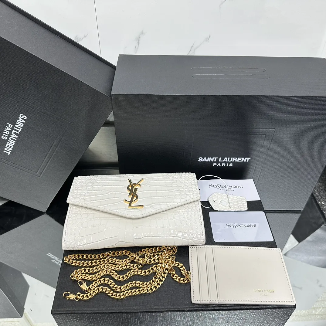SAINT LAURENT Grain De Poudre Monogram Uptown Chain Wallet White-Gold hardware - Bag