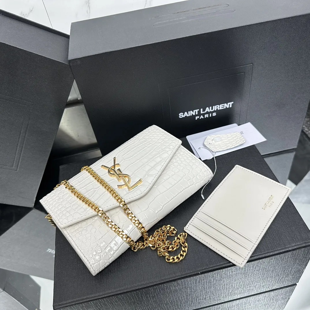 SAINT LAURENT Grain De Poudre Monogram Uptown Chain Wallet White-Gold hardware - Bag