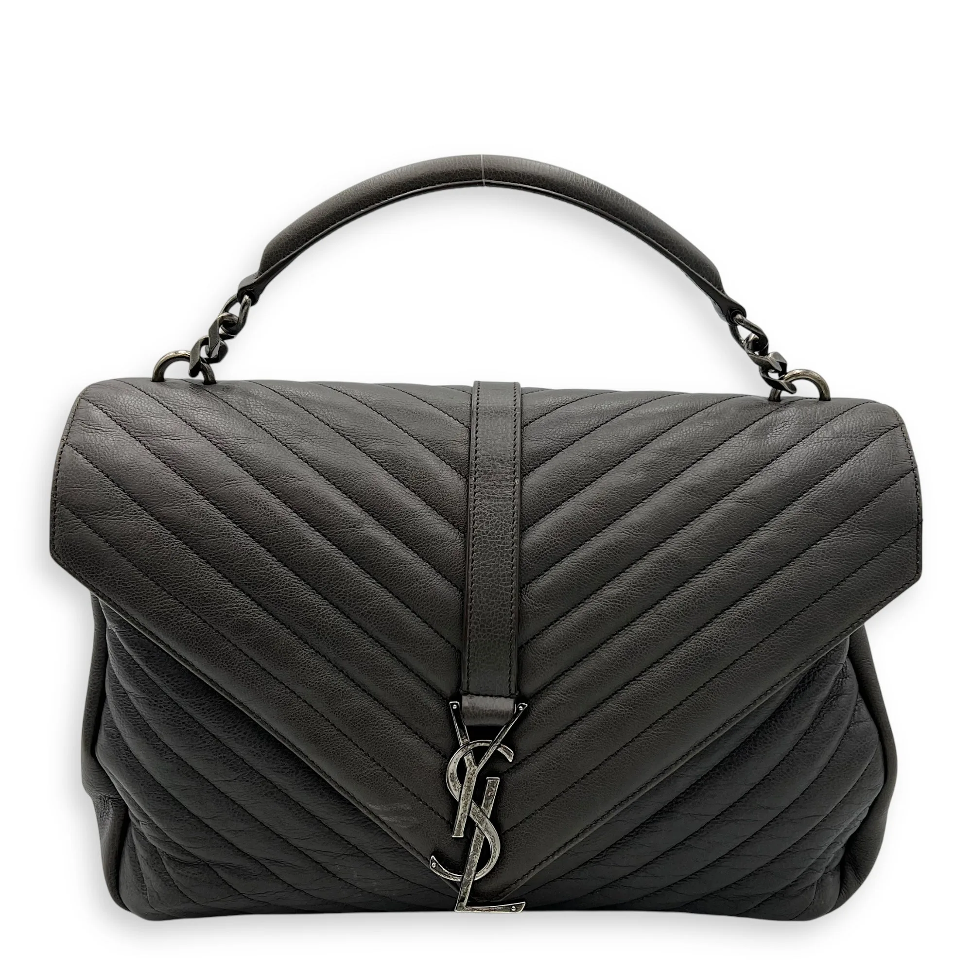 College Large Top handle bag in Calfskin, Ruthenium Hardware