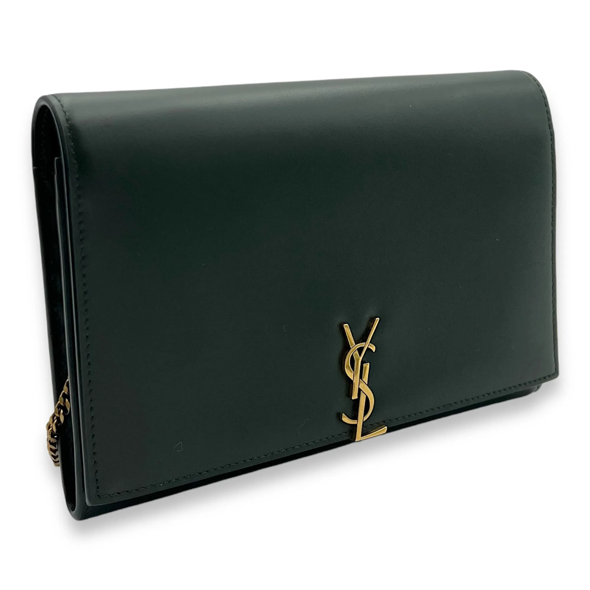 Logo Wallet On Chain Green in Calfskin, Gold hardware
