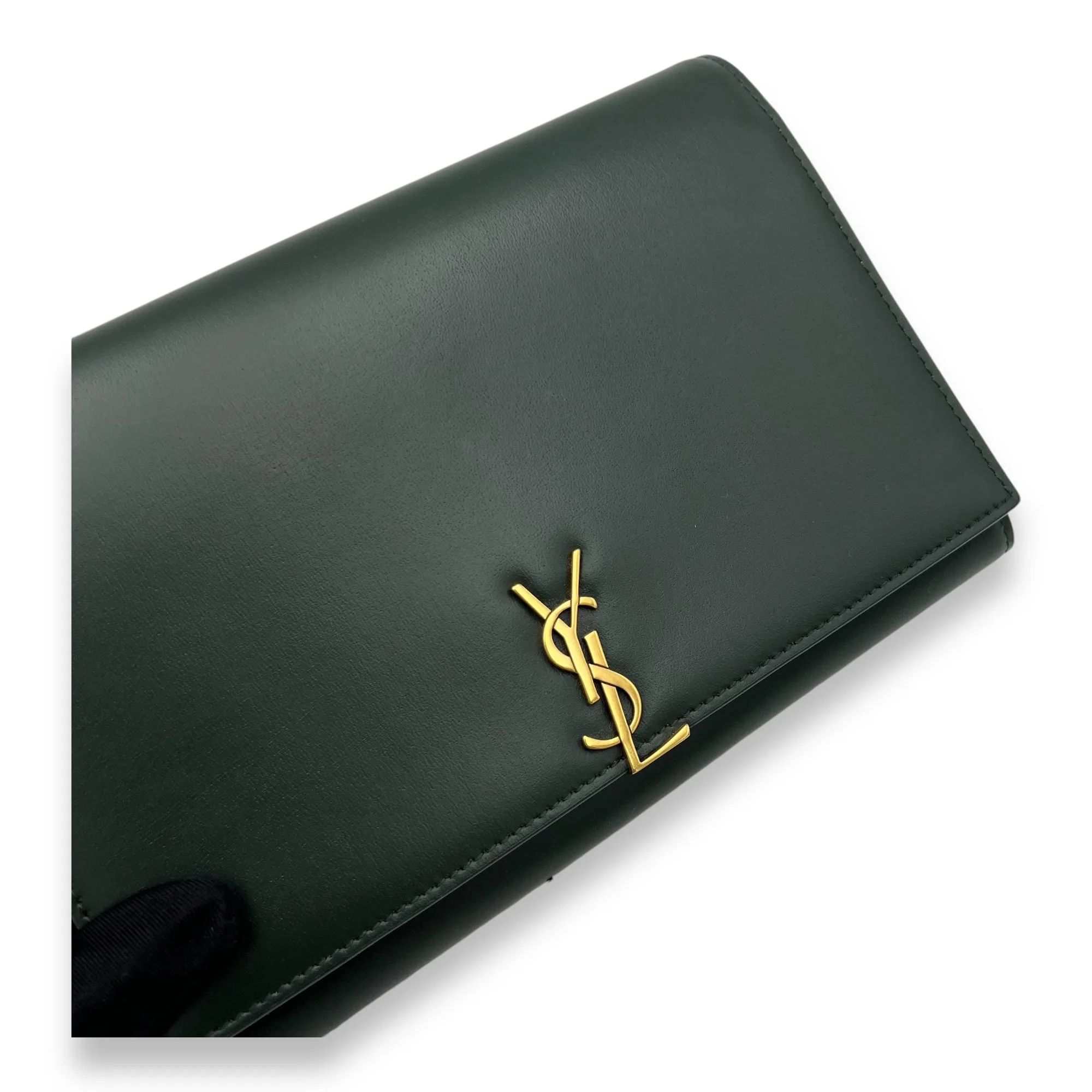 Logo Wallet On Chain Green in Calfskin, Gold hardware