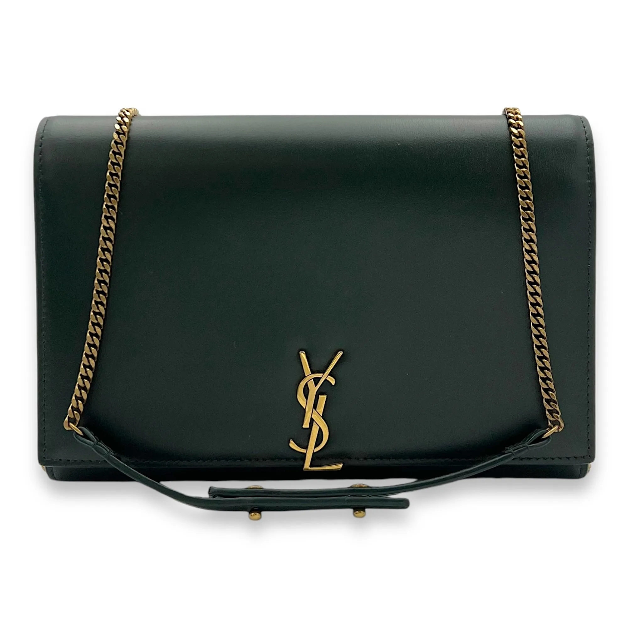 Logo Wallet On Chain Green in Calfskin, Gold hardware