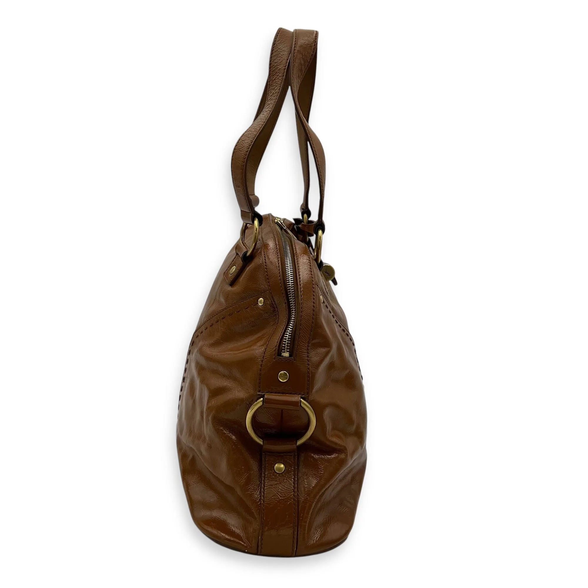 Muse Top Handle Bag Brown in Patent Leather, Gold hardware