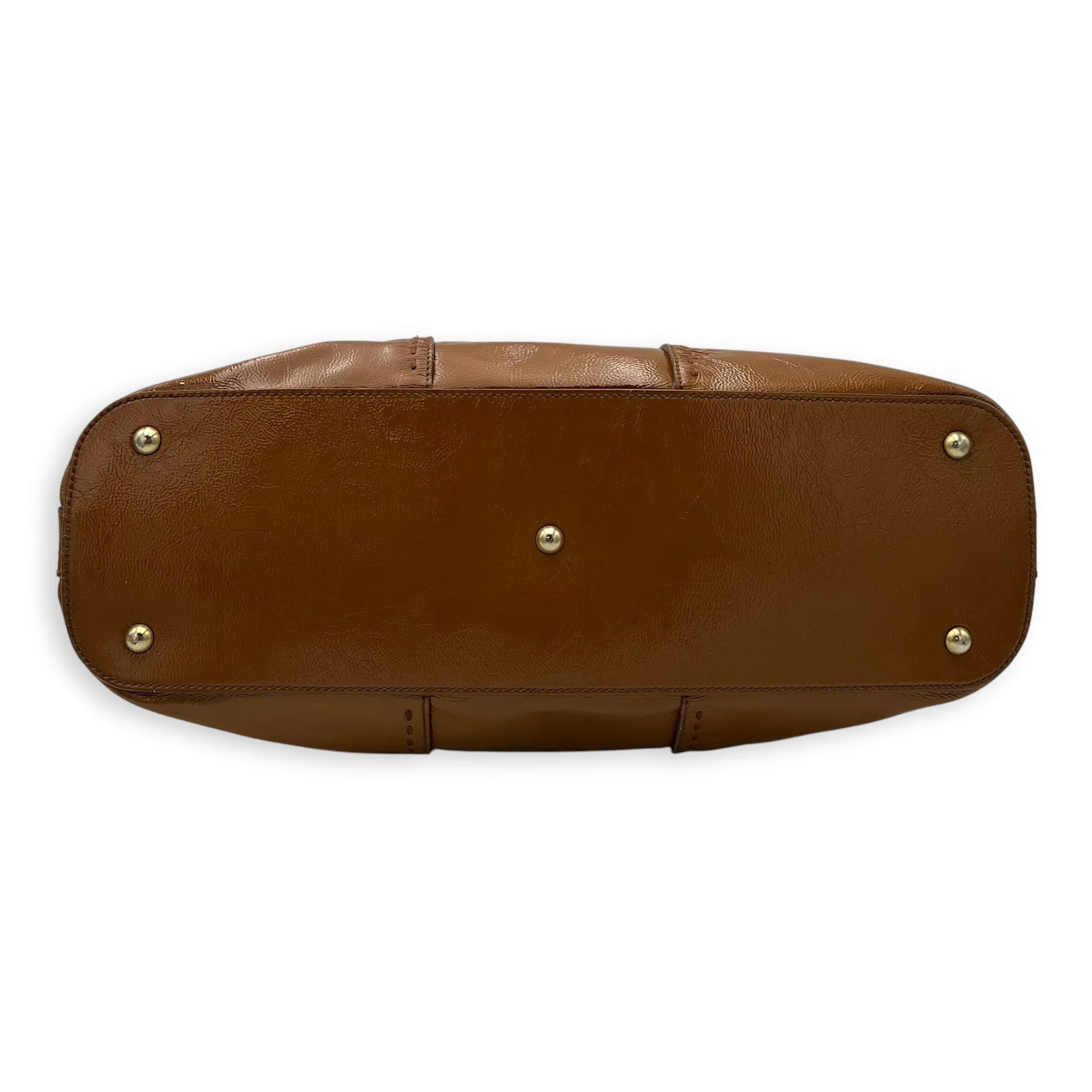 Muse Top Handle Bag Brown in Patent Leather, Gold hardware