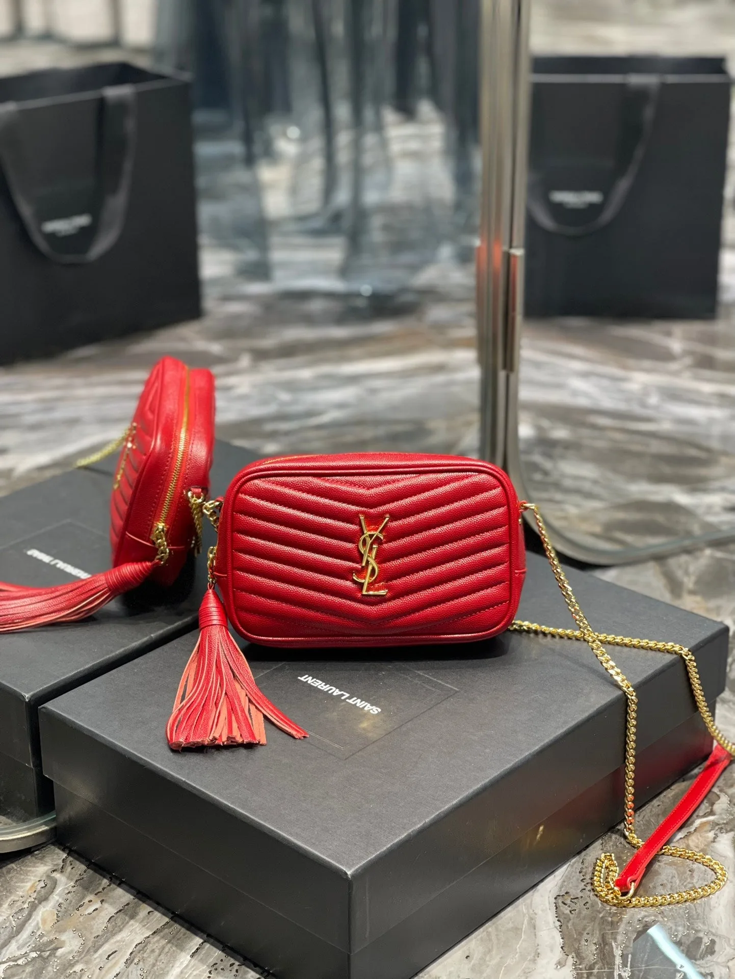 YSL Lou Mini Bag In Quilted Grain De Poudre Embossed Leather
