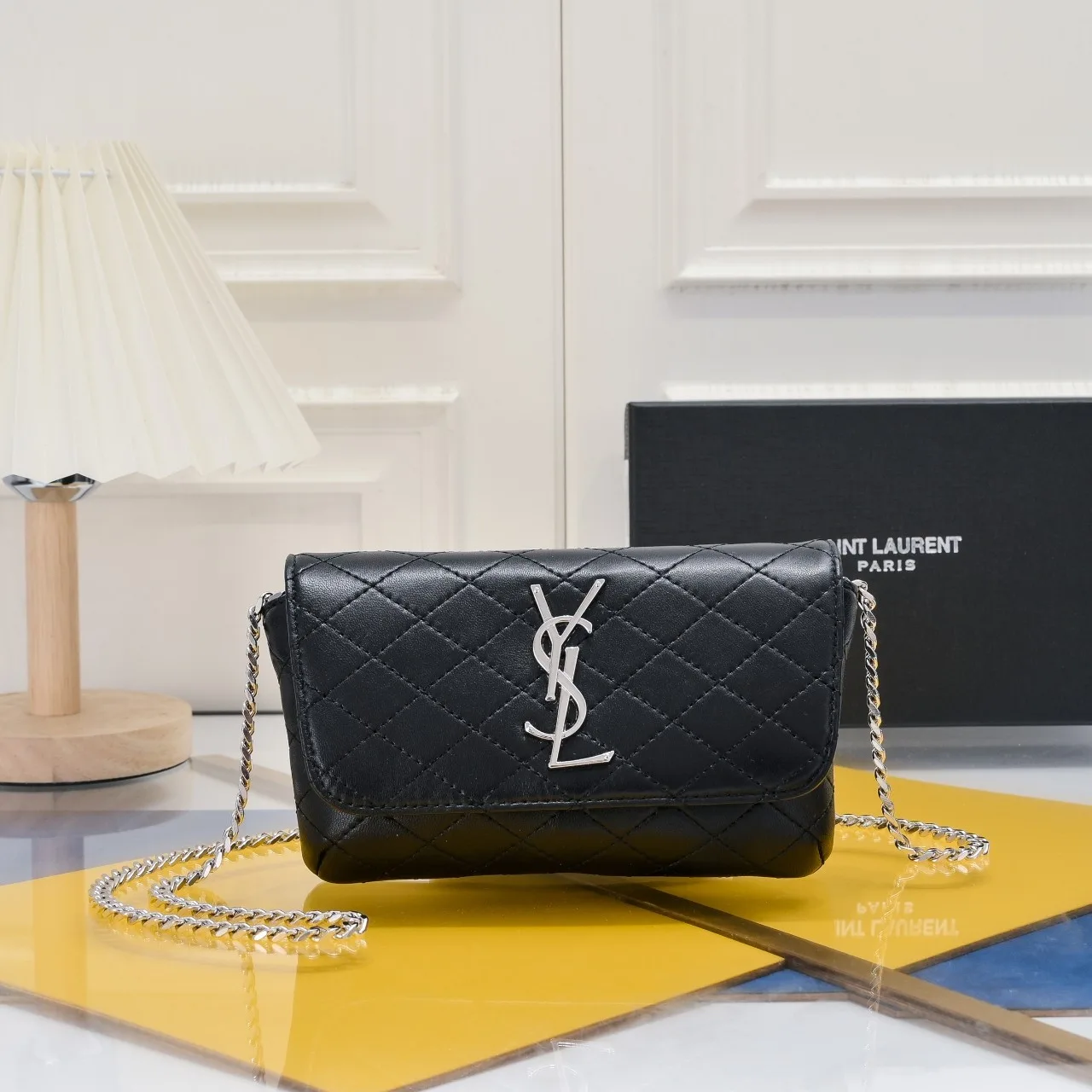 SAINT LAURENT BLACK GABY CHAIN PHONE HOLDER IN QUILTED Calfskin-SLIVER HARDWARE - Bag