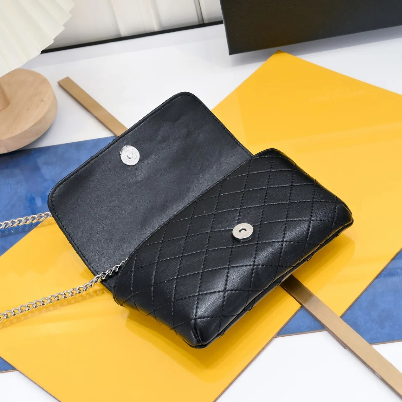 SAINT LAURENT BLACK GABY CHAIN PHONE HOLDER IN QUILTED Calfskin-SLIVER HARDWARE - Bag