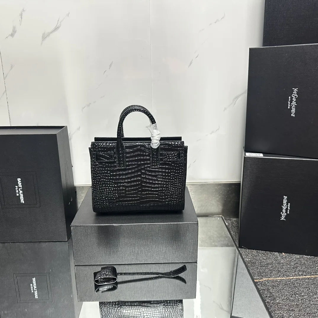 Saint Laurent Black Croc Embossed Leather Nano Classic Sac De Jour Tote - Bag