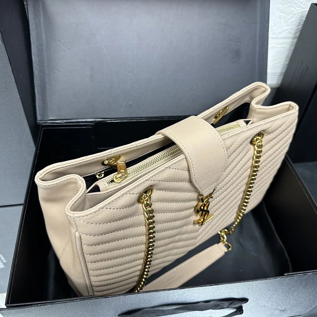 SAINT LAURENT Grain De Poudre Matelasse Chevron Monogram Shopping Bag Apricot - Bag